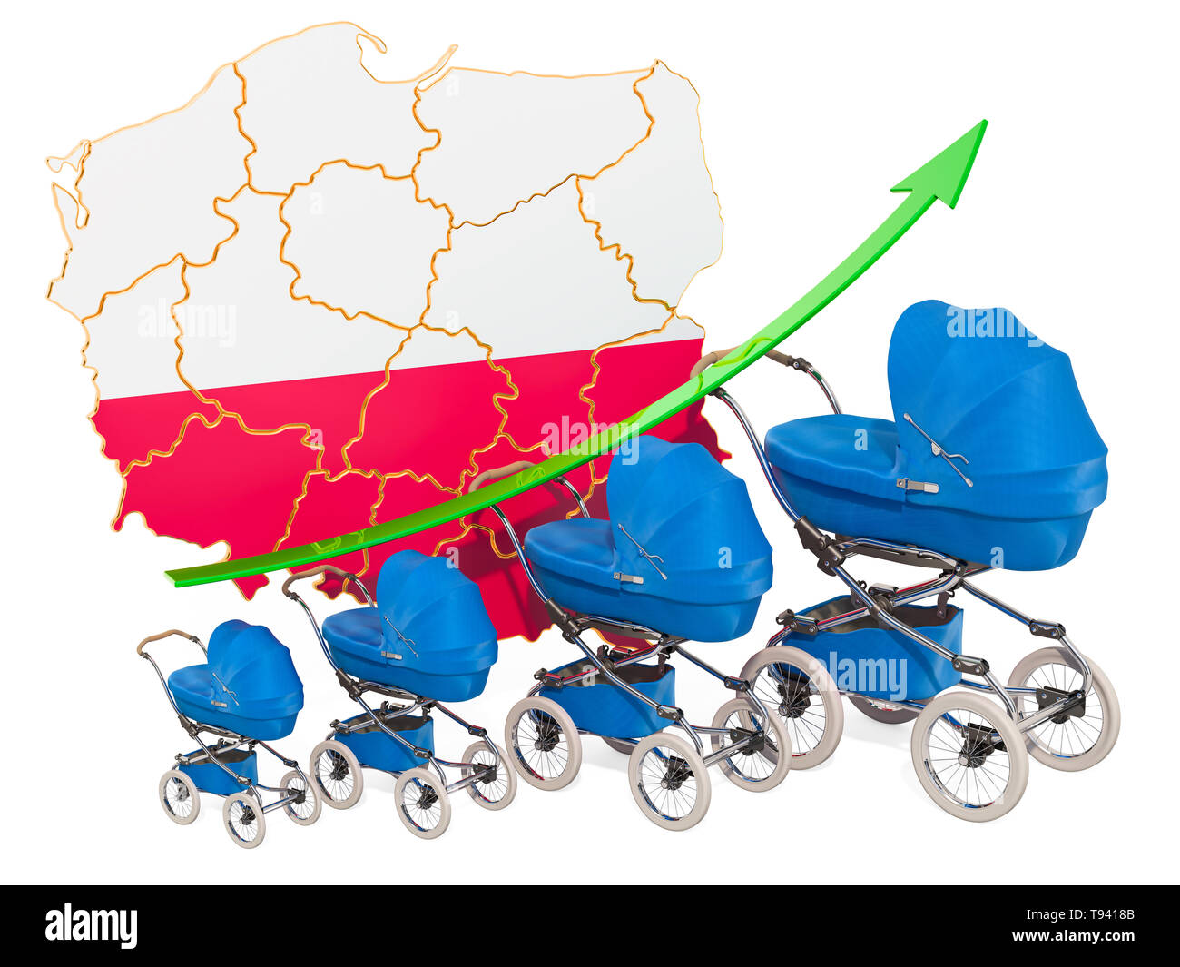 Wachsende Geburtenrate in Polen, Konzept. 3D-Rendering auf weißem Hintergrund Stockfoto