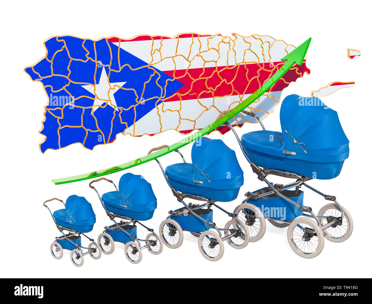 Wachsende Geburtenrate in Puerto Rico, Konzept. 3D-Rendering auf weißem Hintergrund Stockfoto