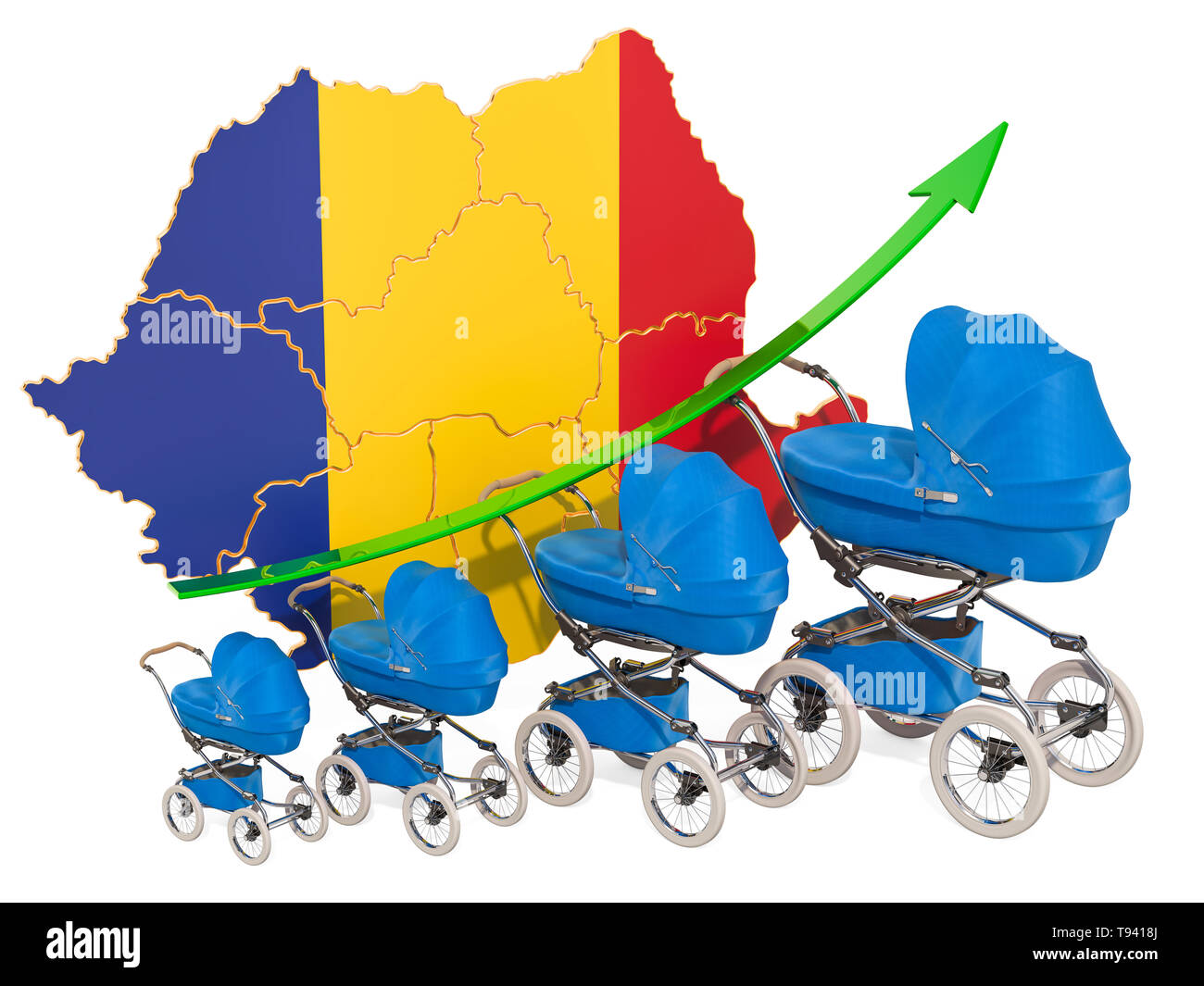 Wachsende Geburtenrate in Rumänien, Konzept. 3D-Rendering auf weißem Hintergrund Stockfoto