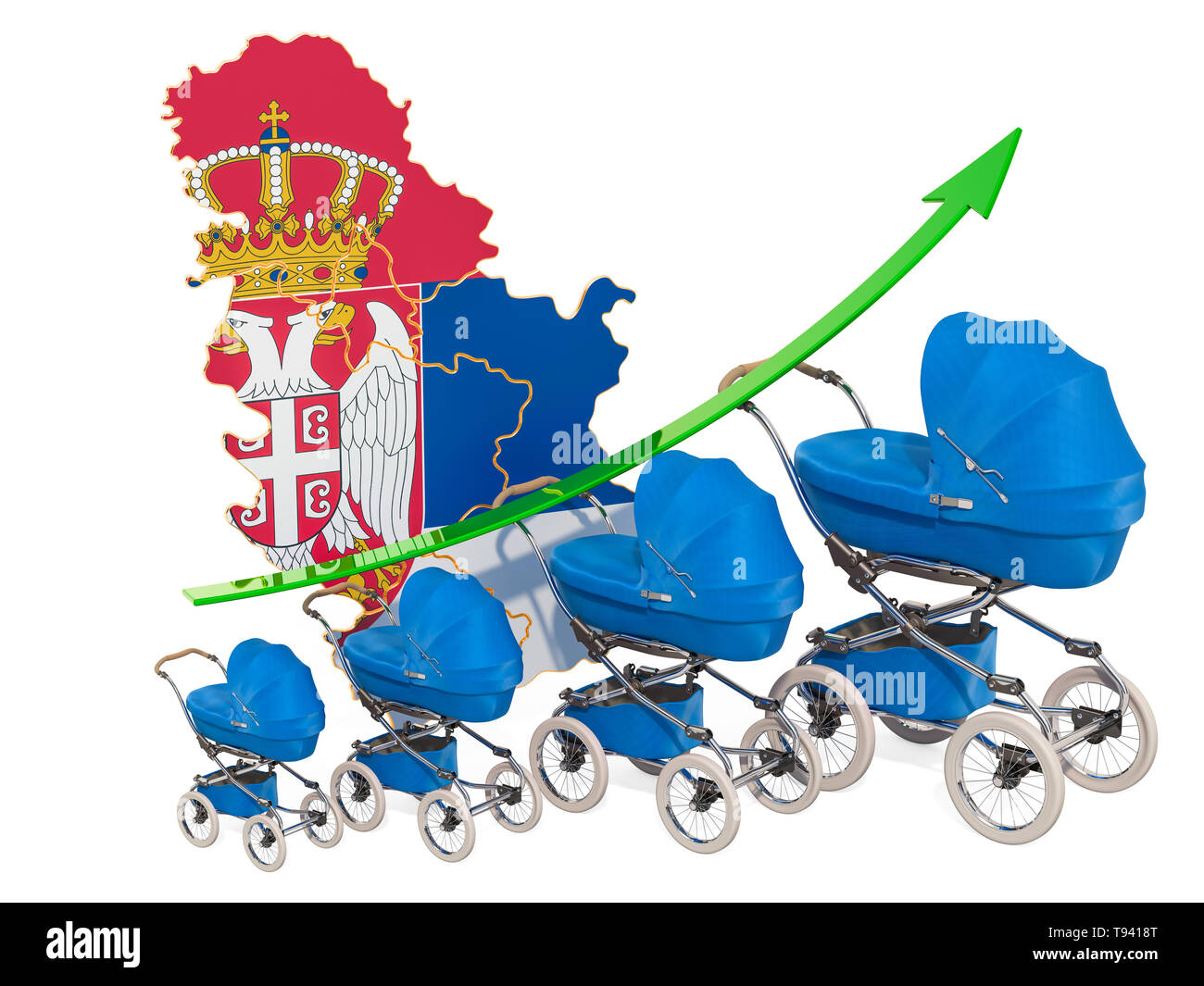 Wachsende Geburtenrate in Serbien, Konzept. 3D-Rendering auf weißem Hintergrund Stockfoto