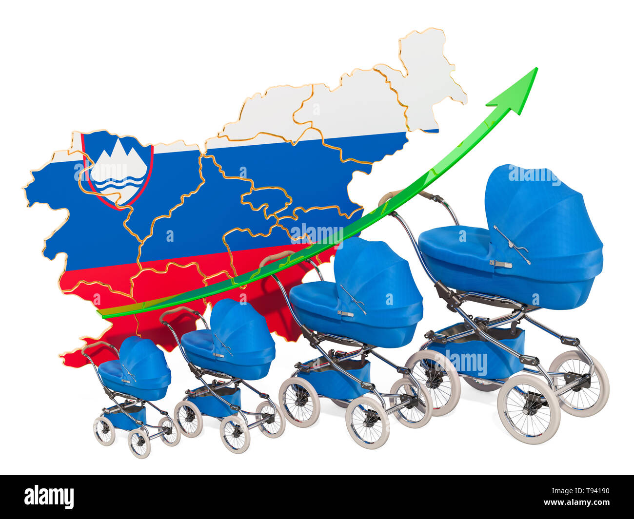 Wachsende Geburtenrate in Slowenien, Konzept. 3D-Rendering auf weißem Hintergrund Stockfoto