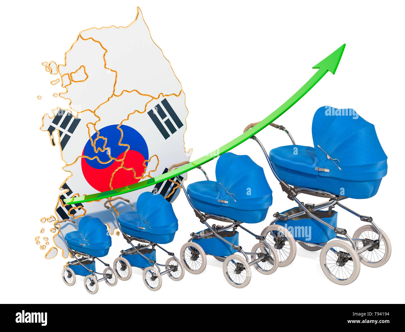 Wachsende Geburtenrate in Südkorea, Konzept. 3D-Rendering auf weißem Hintergrund Stockfoto