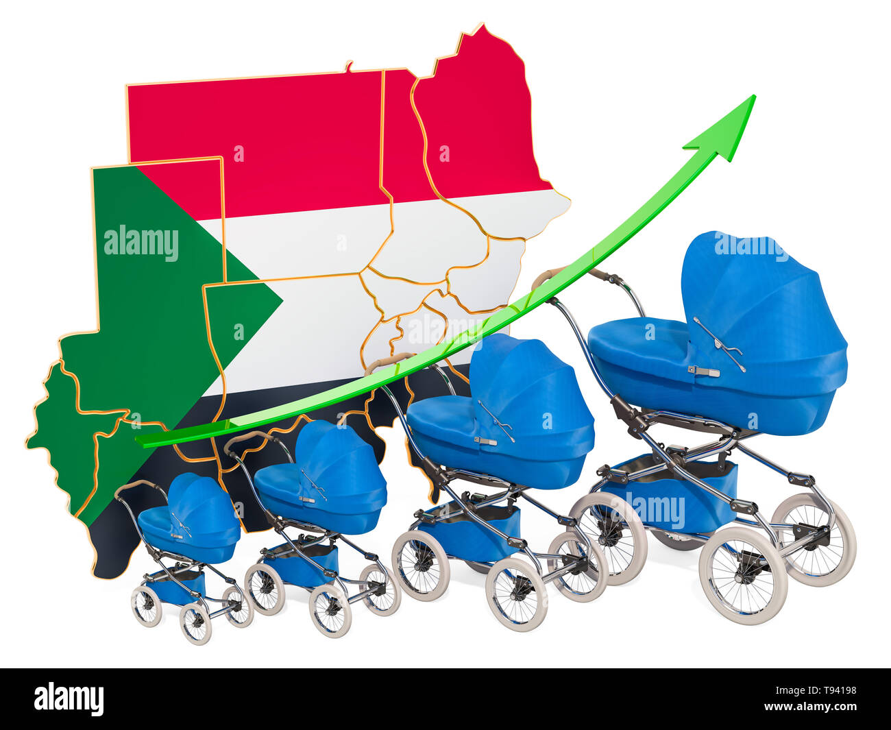 Wachsende Geburtenrate in Sudan, Konzept. 3D-Rendering auf weißem Hintergrund Stockfoto