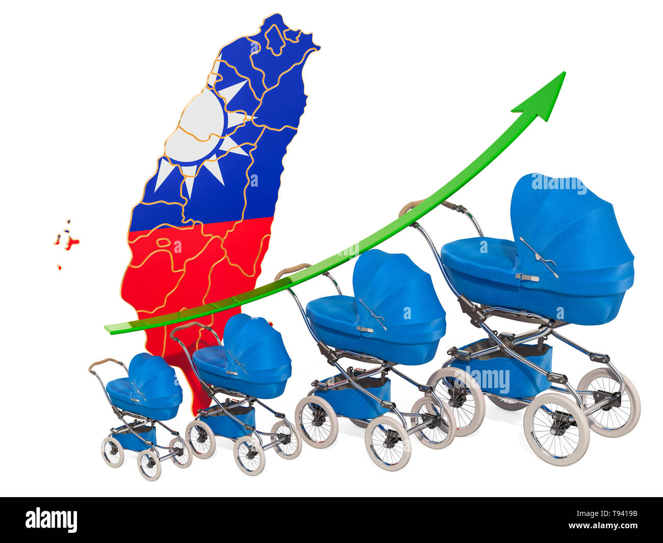 Wachsende Geburtenrate in Taiwan, Konzept. 3D-Rendering auf weißem Hintergrund Stockfoto