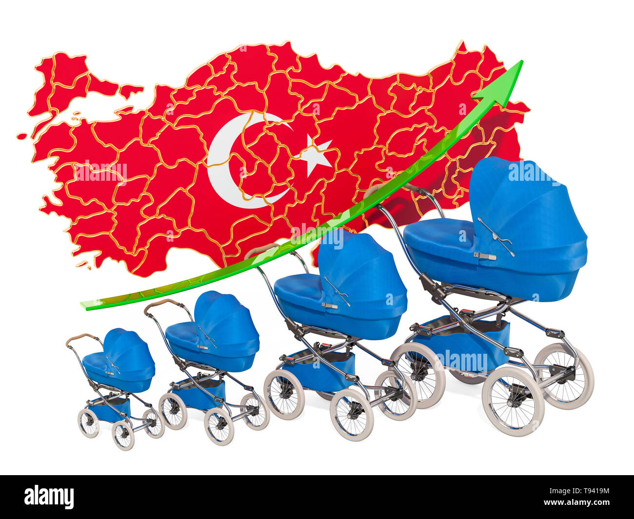 Wachsende Geburtenrate in der Türkei, Konzept. 3D-Rendering auf weißem Hintergrund Stockfoto