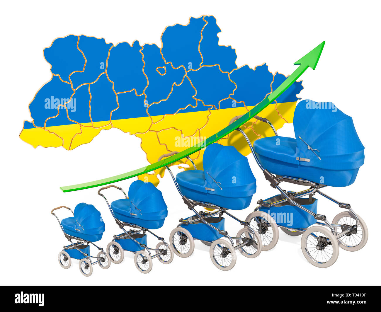 Wachsende Geburtenrate in der Ukraine, Konzept. 3D-Rendering auf weißem Hintergrund Stockfoto