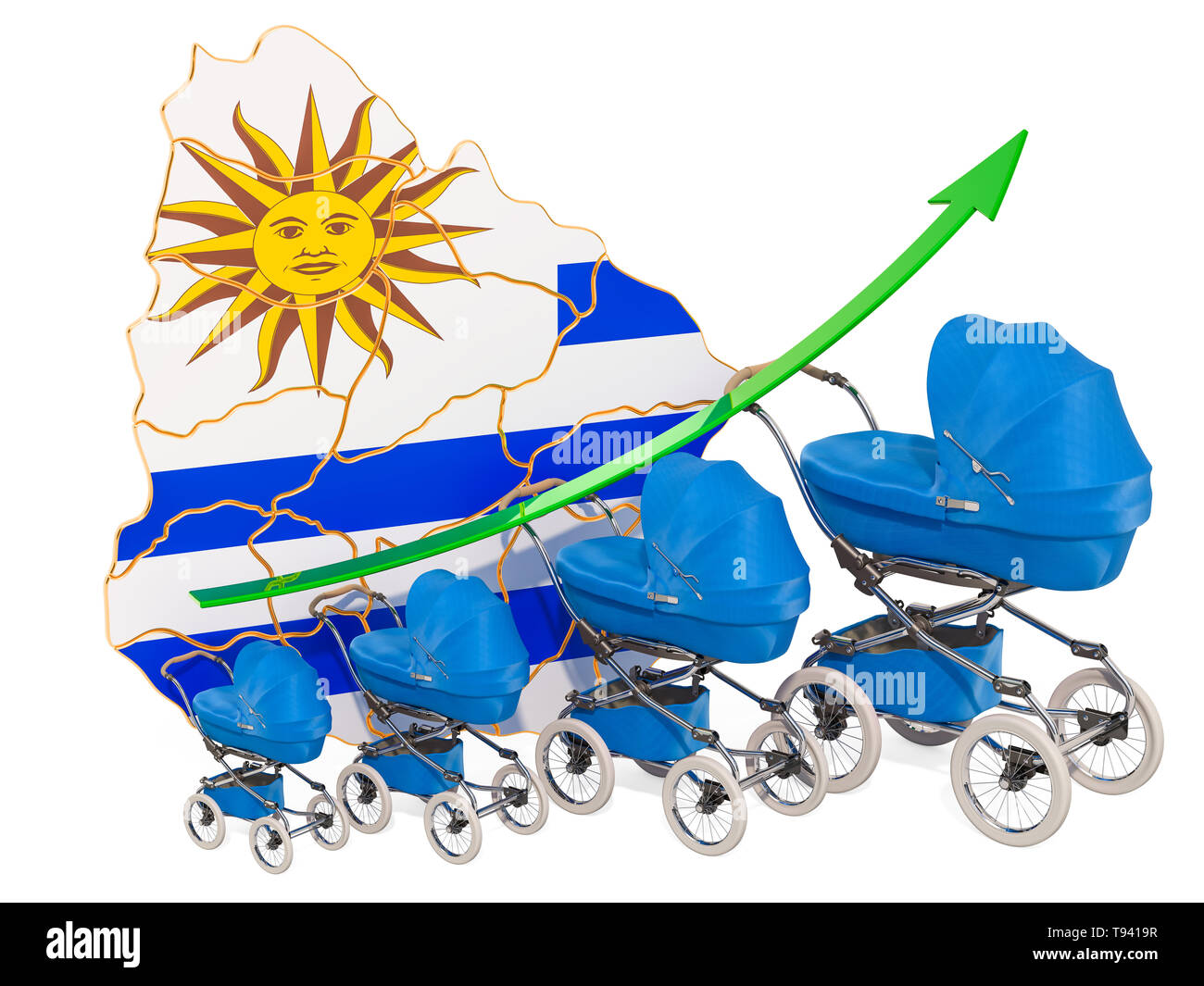 Wachsende Geburtenrate in Uruguay, Konzept. 3D-Rendering auf weißem Hintergrund Stockfoto