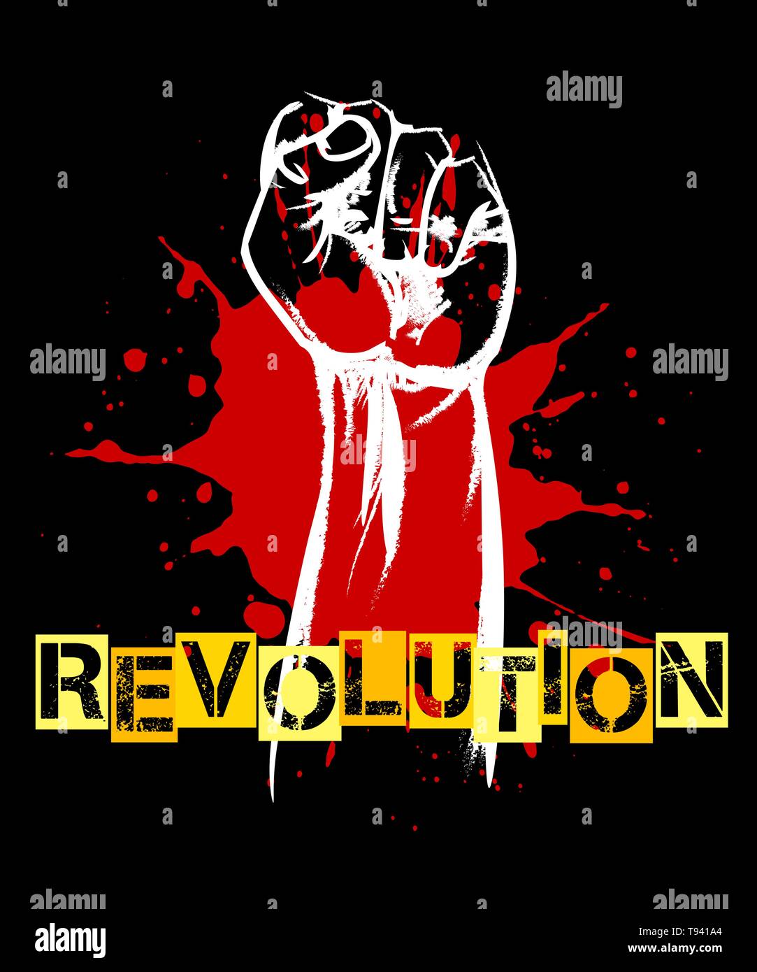 Revolution oder Widerstand Retro Poster. Faust und Blut splat auf Schwarz angehoben. Vector Illustration. Stock Vektor