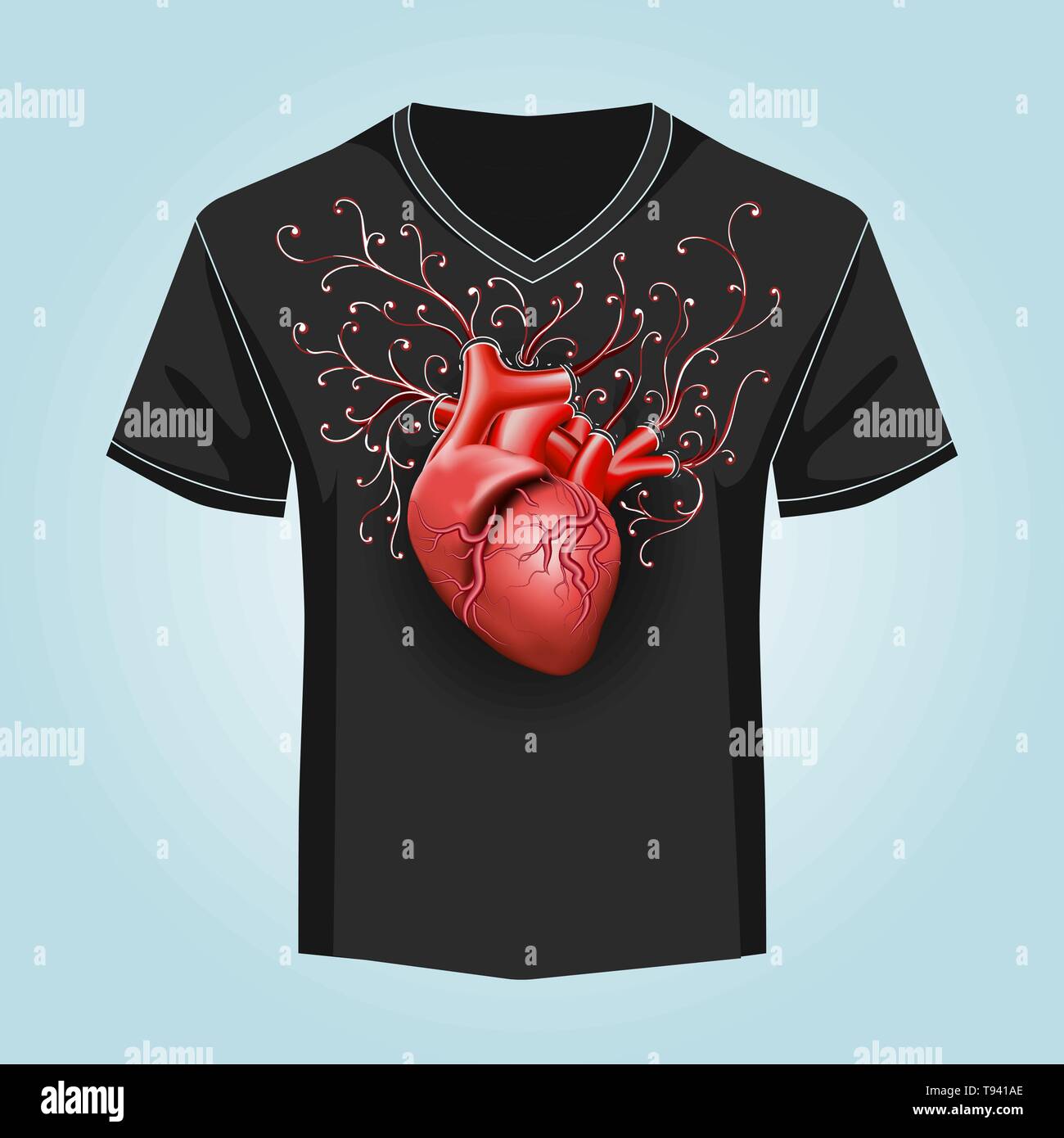 Menschlichen Herzen und Swirl Muster auf schwarzen Hintergrund. T-Shirt drucken. Vector Illustration. Stock Vektor