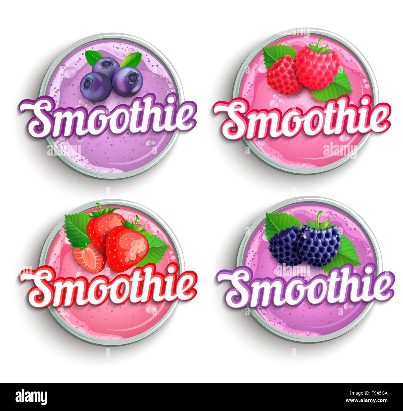 Einstellen der Erdbeere, Brombeere, Himbeere, Heidelbeere frisch Smoothie Logo. Stock Vektor