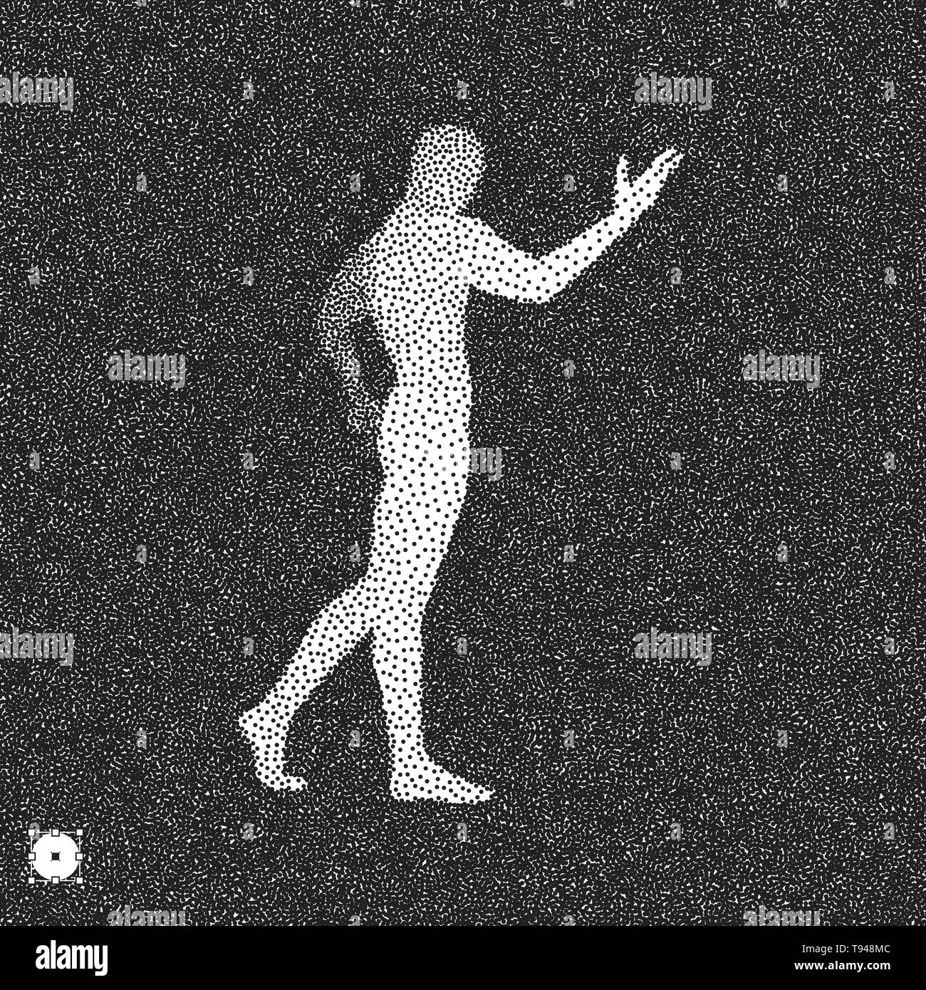 3D-Modell des Menschen. Schwarze und weiße körnig dotwork Design. Gepunktete Vector Illustration. Stock Vektor