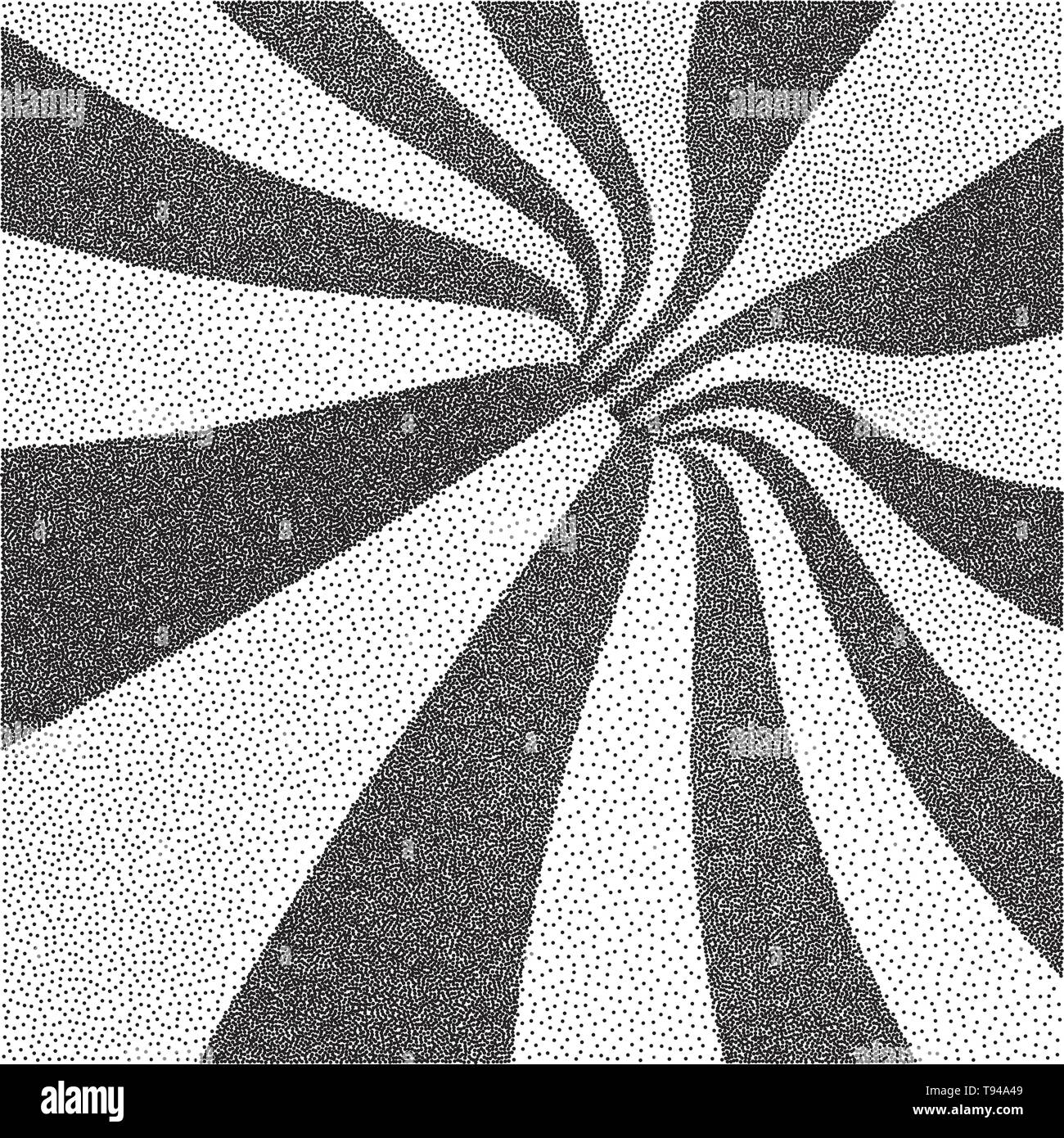 Abstrakte swirl Hintergrund. Schwarze und weiße körnig dotwork Design. Pointillismus Muster mit optischen Täuschung. Gepunktete Vector Illustration. Stock Vektor