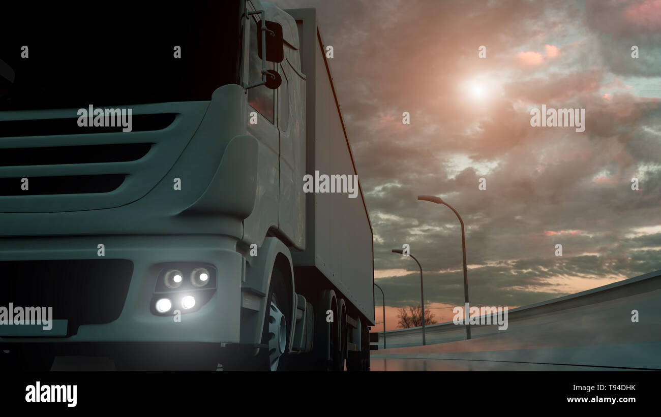 Fahrzeug beschleunigen auf der Autobahn, Froschperspektive. Transport, Schifffahrt Konzept. 3D-Darstellung. Stockfoto