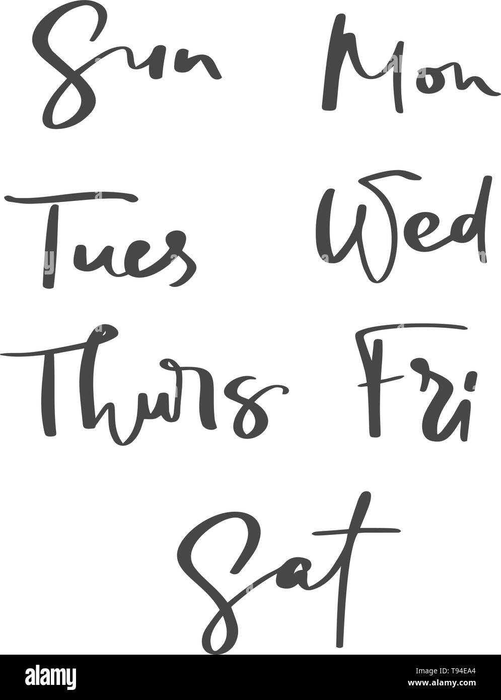 Hand dekorative Schriftzüge der Tage der Woche mit verschiedenen Buchstaben in isolierten auf weißem Hintergrund für Kalender, Planer, Tagebuch gezeichnet, Dekoration Stock Vektor