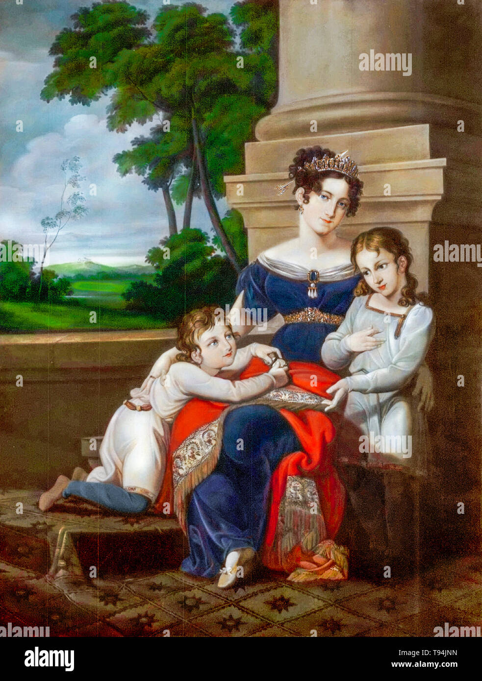 Louise von Sachsen-Gotha-Altenburg, (1800-1831), herzogin von Sachsen-Coburg und Gotha, mit ihren Kindern, Albert, (1819-1861), zukünftiger Ehemann von Königin Victoria, und Ernest, (1818-1893), zukünftiger Herzog von Sachsen-Coburg und Gotha, Familienportrait von Ludwig Döll, um 1823 Stockfoto