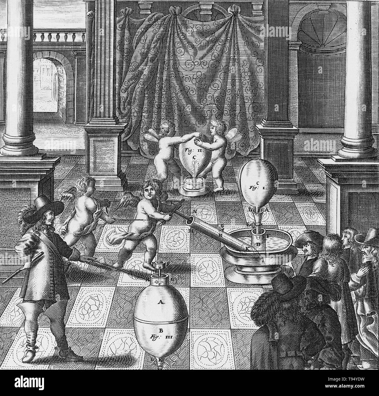 Otto-von-Guericke-Universität und seine Luftpumpe. Von "echanica - Hydraulico-pneumatica" von Kaspar Schott. Veröffentlicht, 1657. Otto-von-Guericke-Universität (1602-1686) war ein deutscher Wissenschaftler, Erfinder und Politiker. Seine großen wissenschaftlichen Errungenschaften waren die Errichtung der Physik der Staubsauger, die Entdeckung einer experimentellen Methode für deutlich, elektrostatische Abstoßung, und sein Eintreten für die Realität der Aktion in einem Abstand und der absoluten Raum. Stockfoto