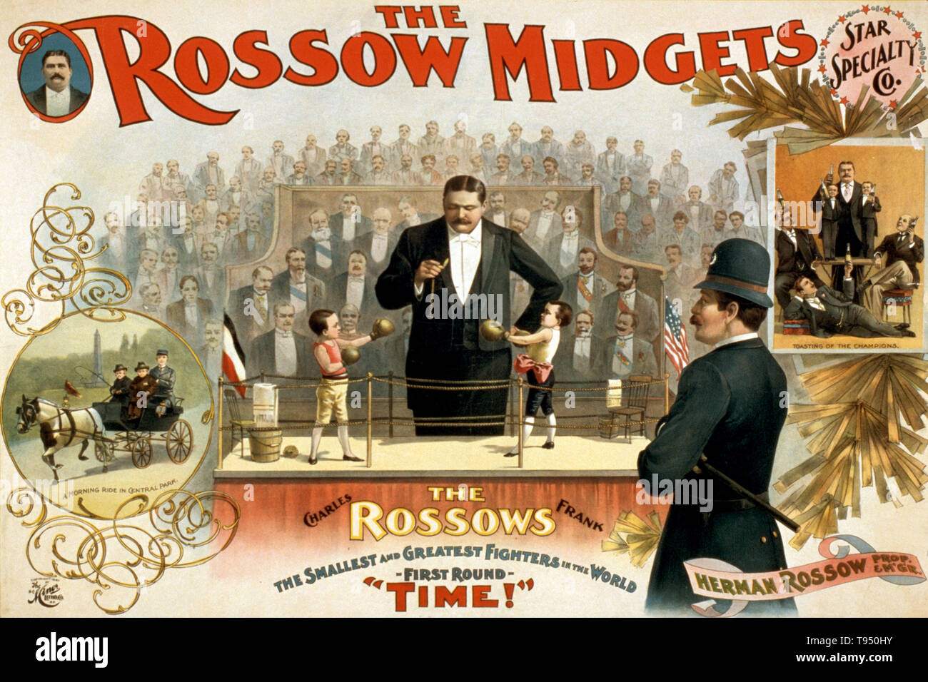 Mit dem Titel: "Die Rossows, Charles, Frank: Die kleinsten und größten Kämpfer in der Welt: Erste Runde, Zeit!" Franz Rossow (1874-?) die Älteste von 16 Kindern, ist 21 cm hoch und wiegt 24 Pfund. Carl (1876-?) ist 29 cm groß und wiegt 16 kg. Die Rossows, in Wien geboren, sind schöne Blonde Stipendiaten, mit gut geschnittenen, regelmäßige Eigenschaften und sind perfekt in allen ihren Proportionen außer ihre Köpfe, die sind ein wenig groß. Stockfoto