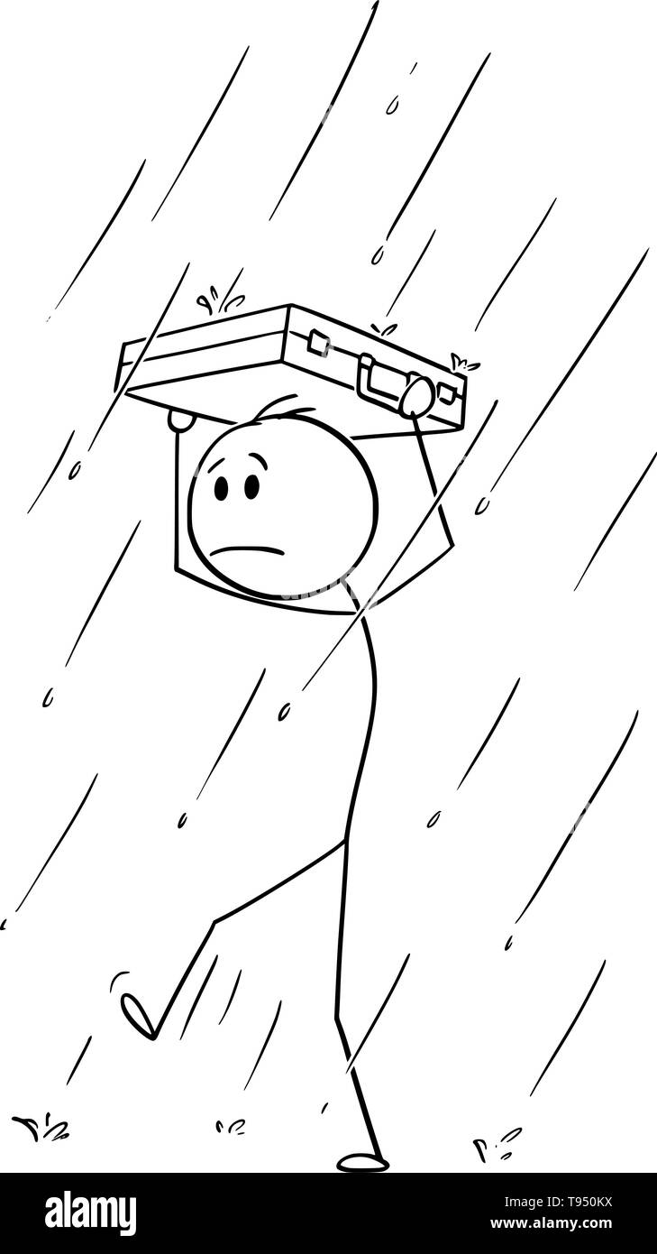 Vektor cartoon Strichmännchen Zeichnen konzeptionelle Darstellung der Mann oder Geschäftsmann wandern in Heavy Rain mit Aktenkoffer über seinem Kopf ihm Schutz. Metapher der Finanzkrise. Stock Vektor