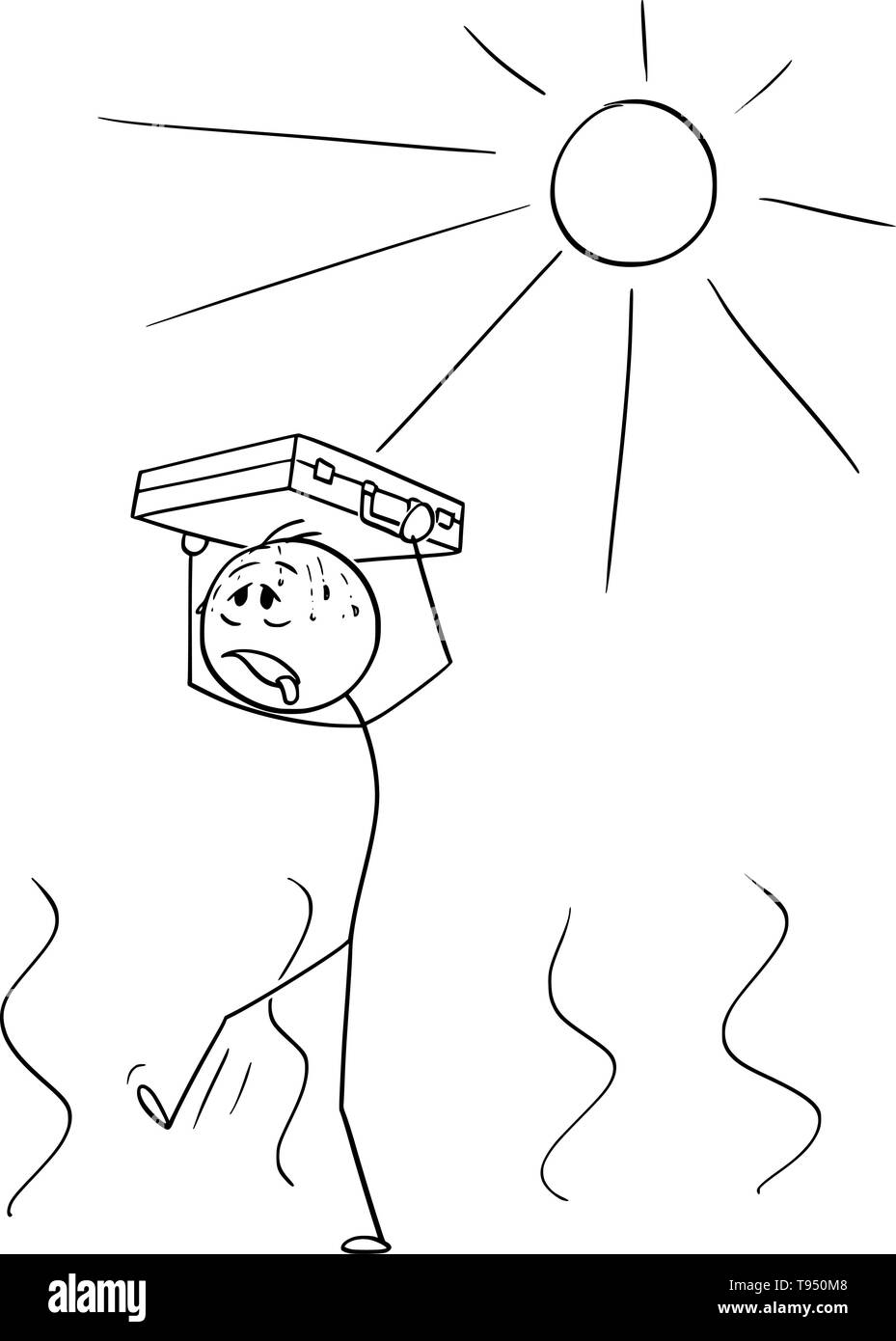 Vektor cartoon Strichmännchen Zeichnen konzeptionelle Darstellung der Durstige Mann oder Geschäftsmann wandern in heißem Wetter mit Aktenkoffer über seinem Kopf ihm Schutz vor der Sonne Metapher der Finanzkrise. Stock Vektor