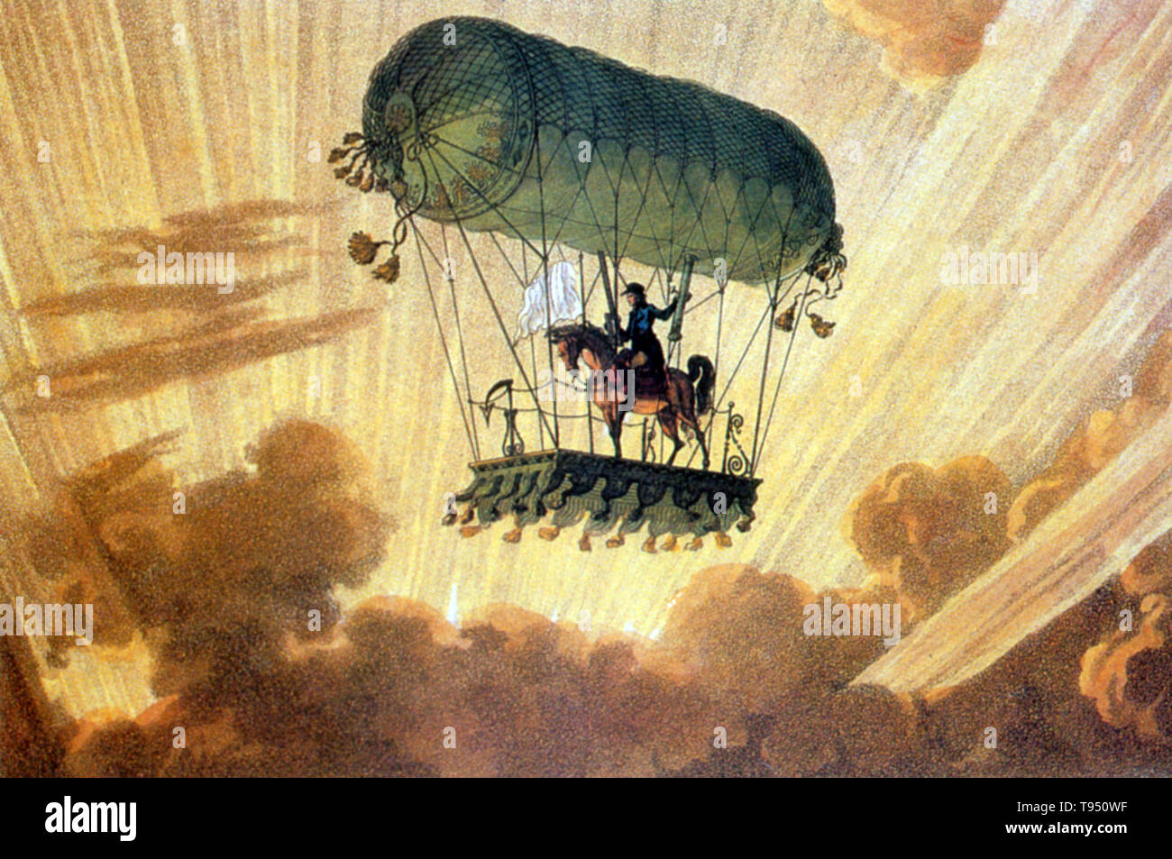 Pierre Testu-Brissy (1770-1829) war eine bahnbrechende Französische Ballonfahrer, der Ruhm für viele Flüge rittlings auf Tiere, besonders Pferde erreicht. Er machte seinen ersten Ballon aufstieg im Jahr 1785, und die erste Nacht Aufstieg am 18. Juni 1786 in einem Wasserstoff Ballon. Er machte erste elektrische Beobachtungen der Welt am 18. Juni 1786, als er in Gewitterwolken aufgefahren, und sagte, dass er bemerkenswerte Einleitungen aus den Wolken durch eine eiserne Stange, im Auto durchgeführt. Stockfoto