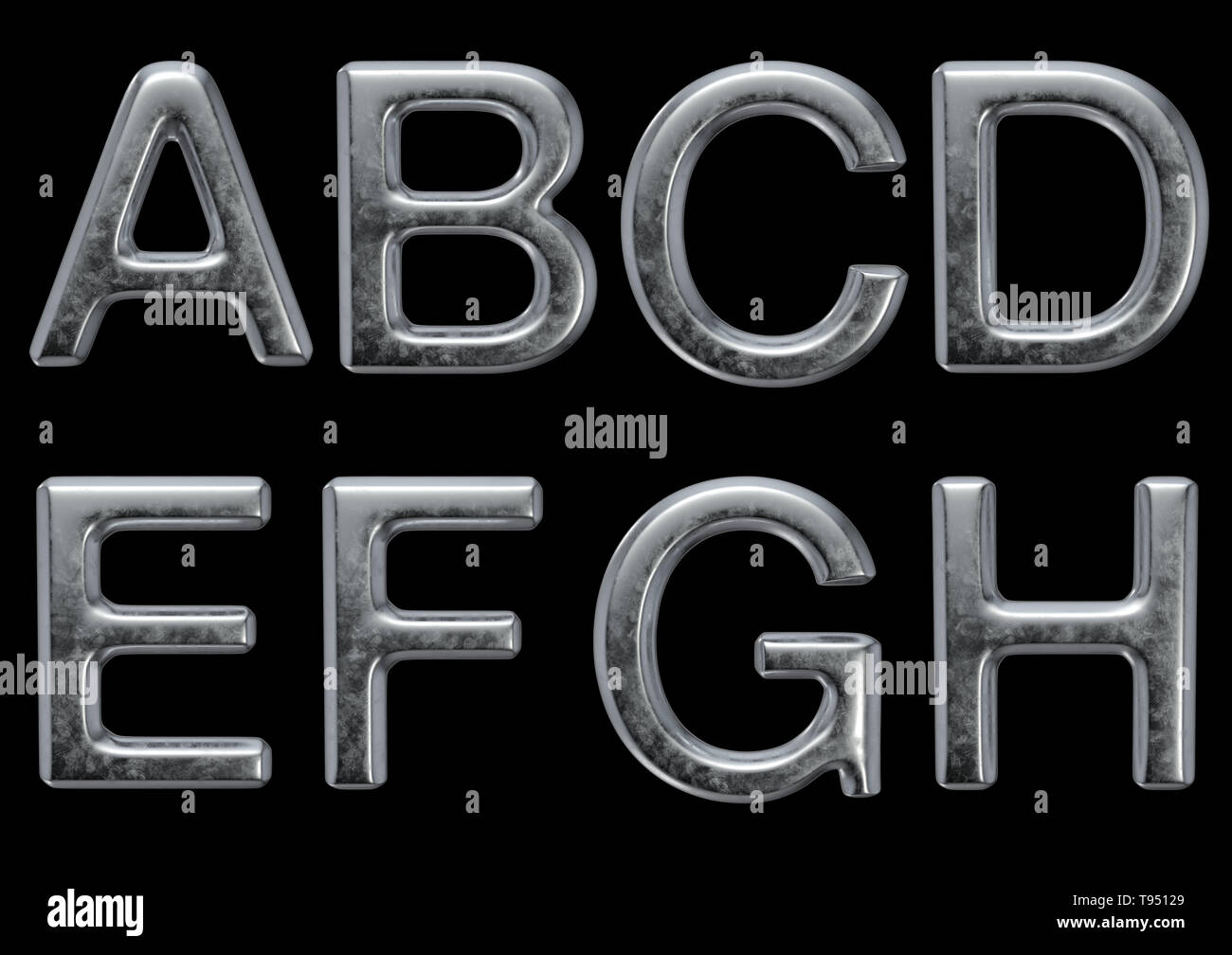 3D-Render Satz von abgeschrägten Metall Alphabet, auf schwarzem Hintergrund, einschließlich freistellungspfaden. Stockfoto