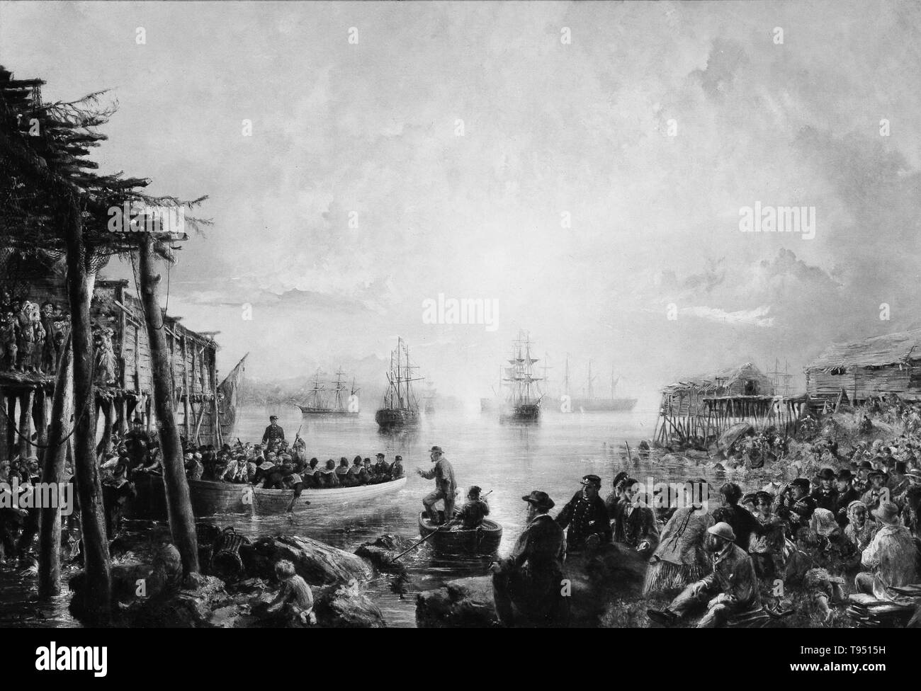 Die Landung der transatlantischen Kabel nach Neufundland im Jahre 1866 von Robert Charles Dudley (British, 1826-1909). Eine der großen technischen Errungenschaften des 19. Jahrhunderts war eine telegrafische Kabel unter dem Atlantik zu legen, so dass Nachrichten hin und her zwischen Nordamerika und Europa in Minuten zu beschleunigen, anstatt zehn oder zwölf Tagen durch die Dampfeinheit ein. Ein zunächst erfolgreicher Versuch im Jahre 1858, von Cyrus W. Feld geführt und von der Atlantic Telegraph Company finanziert, nicht nach drei Wochen. Stockfoto