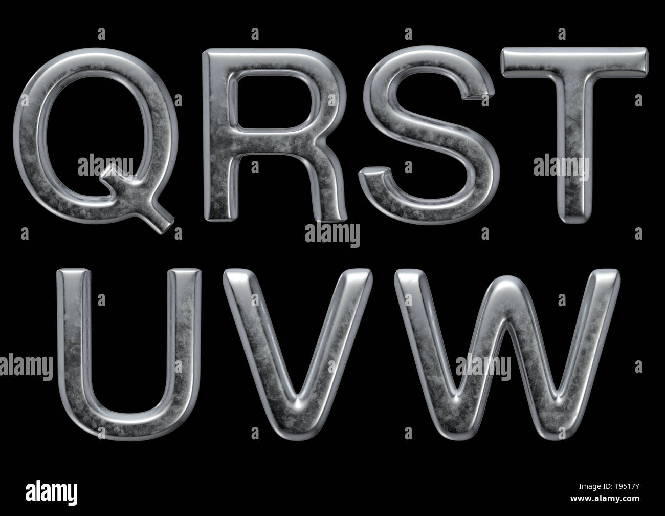 3D-Render Satz von abgeschrägten Metall Alphabet, auf schwarzem Hintergrund, einschließlich freistellungspfaden. Stockfoto
