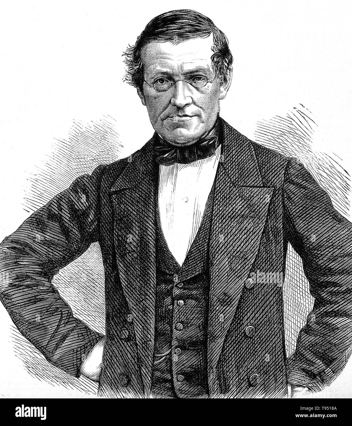Sir Charles Wheatstone, holzstich. Charles Wheatstone (1802-1875) war ein englischer Wissenschaftler und Erfinder vieler wissenschaftlicher Durchbrüche der viktorianischen Ära, einschließlich der Englischen Concertina, das stereoskop (ein Gerät für die Darstellung von dreidimensionalen Aufnahmen) und der Playfair Chiffre (eine Verschlüsselung Technik). Aber Wheatstone ist am besten für seine Beiträge in der Entwicklung der Wheatstone-brücke bekannt, die ursprünglich von Samuel Hunter Christie, die verwendet wird, um eine unbekannte elektrische Widerstand zu messen erfunden, und als wichtige Figur in der Entwicklung der Telegrafie. Stockfoto