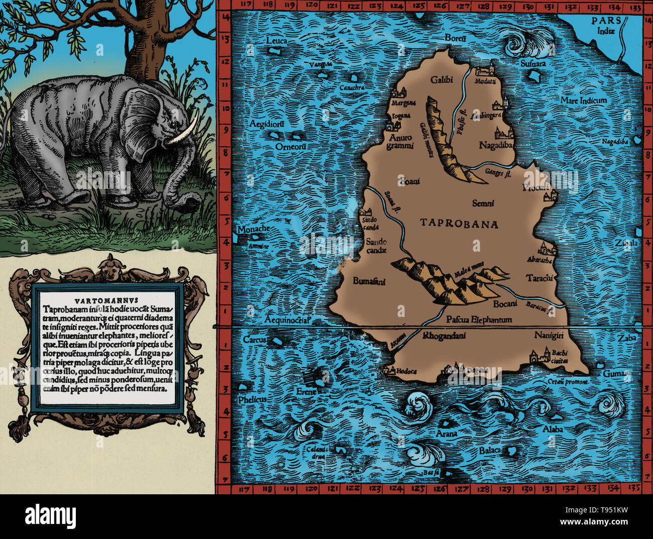 Ptolemäus Karte von Ceylon auf der Beschreibung von Ptolemäus buch Geographia enthalten, geschrieben 150 AD. Obwohl verbindlich Karten nie gefunden wurden, die geographia enthält Tausende von Referenzen zu den verschiedenen Teilen der alten Welt, mit Koordinaten für die meisten, die kartographen Ptolemäus Weltbild zu rekonstruieren, wenn das Manuskript wurde um 1300 N.CHR. entdeckt. Stockfoto