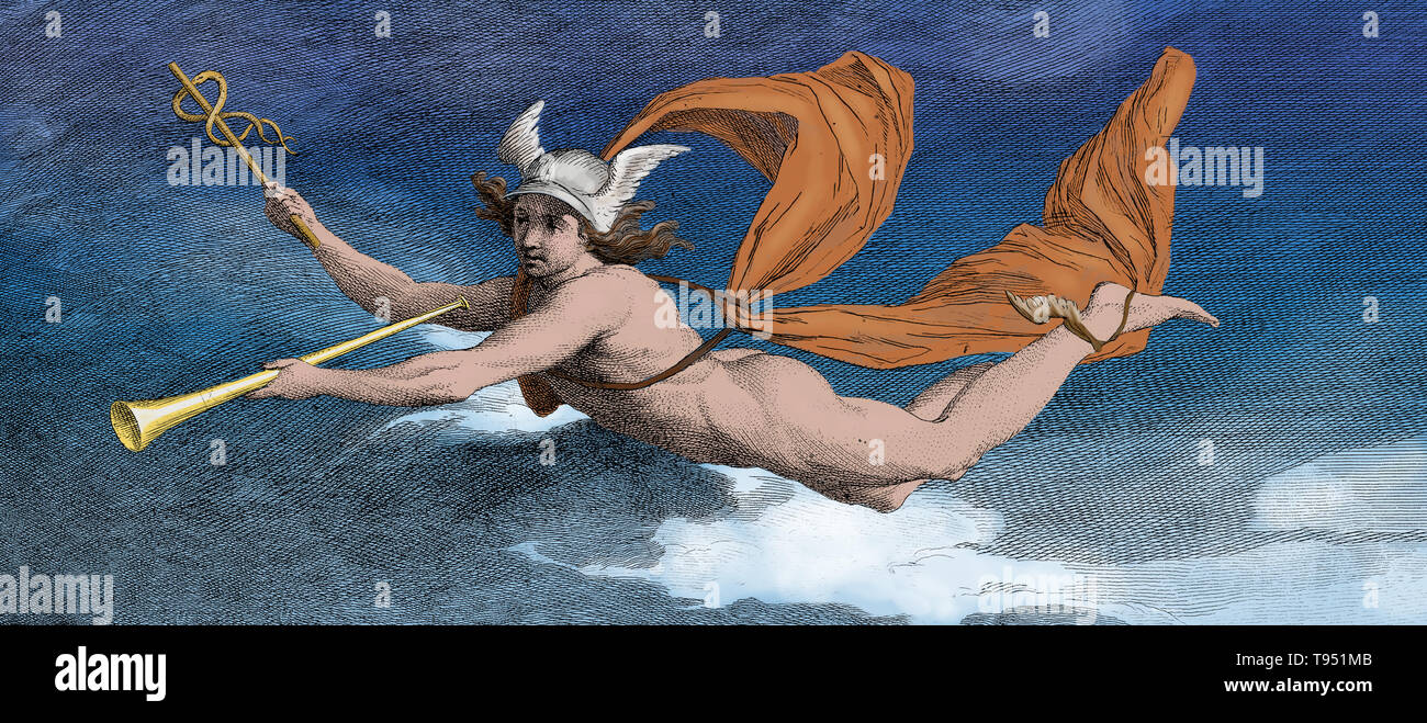 Hermes oder Quecksilber mit der caduceus und Römischen Tuba (oder Ähnliches). Kupferstich von James Barry, 1791. Hermes ist eine antike griechische Gott, der Sohn des Zeus und der Maia Pleiad. Er ist als der Bote der Götter bekannt, und derjenige, der die Seelen in die Unterwelt führt. In einigen Mythen er ist ein Gauner, und Überlistet andere Götter zu seiner eigenen Zufriedenheit oder zum Wohle der Menschheit. Stockfoto