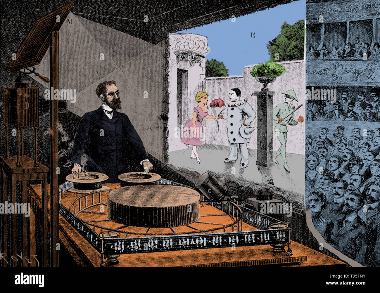 Das Theater Optique war ein bewegtes Bild zeigen, indem Charles-Emile Reynaud 1892 präsentiert. Es war die erste Präsentation von projiziert bewegte Bilder zu einem Publikum Fenstergestaltung, Auguste und Louis Lumière die erste öffentliche Aufführung von drei Jahren. 1876, Reynaud, ein französischer Erfinder, hatte das praxinoskop, eine Verbesserung der Zoetrope erstellt. 1878 produzierte er den praxinoskop Theater. Stockfoto