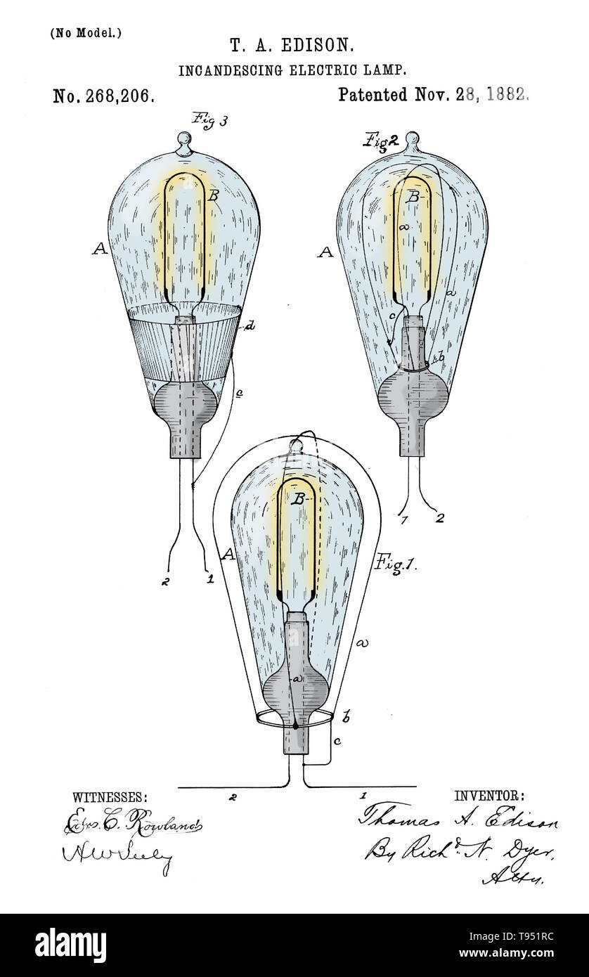 Thomas Edisons Glühlampe elektrische Lampe Patent. Edison begann die Forschung in die Entwicklung einer praktischen Glühlampe im Jahr 1878. Er sein erstes Patent für die "Verbesserung der elektrischen Lichter" im Oktober 1878. Nach vielen Experimenten, zuerst mit Kohlenstoff in der frühen 1880er Jahre und dann mit Platin und anderen Metallen, im Ende Edison zu einem kohlefaden zurückgegeben. Der erste erfolgreiche Test wurde am 22. Oktober 1879, und dauerte 13,5 Stunden. Stockfoto