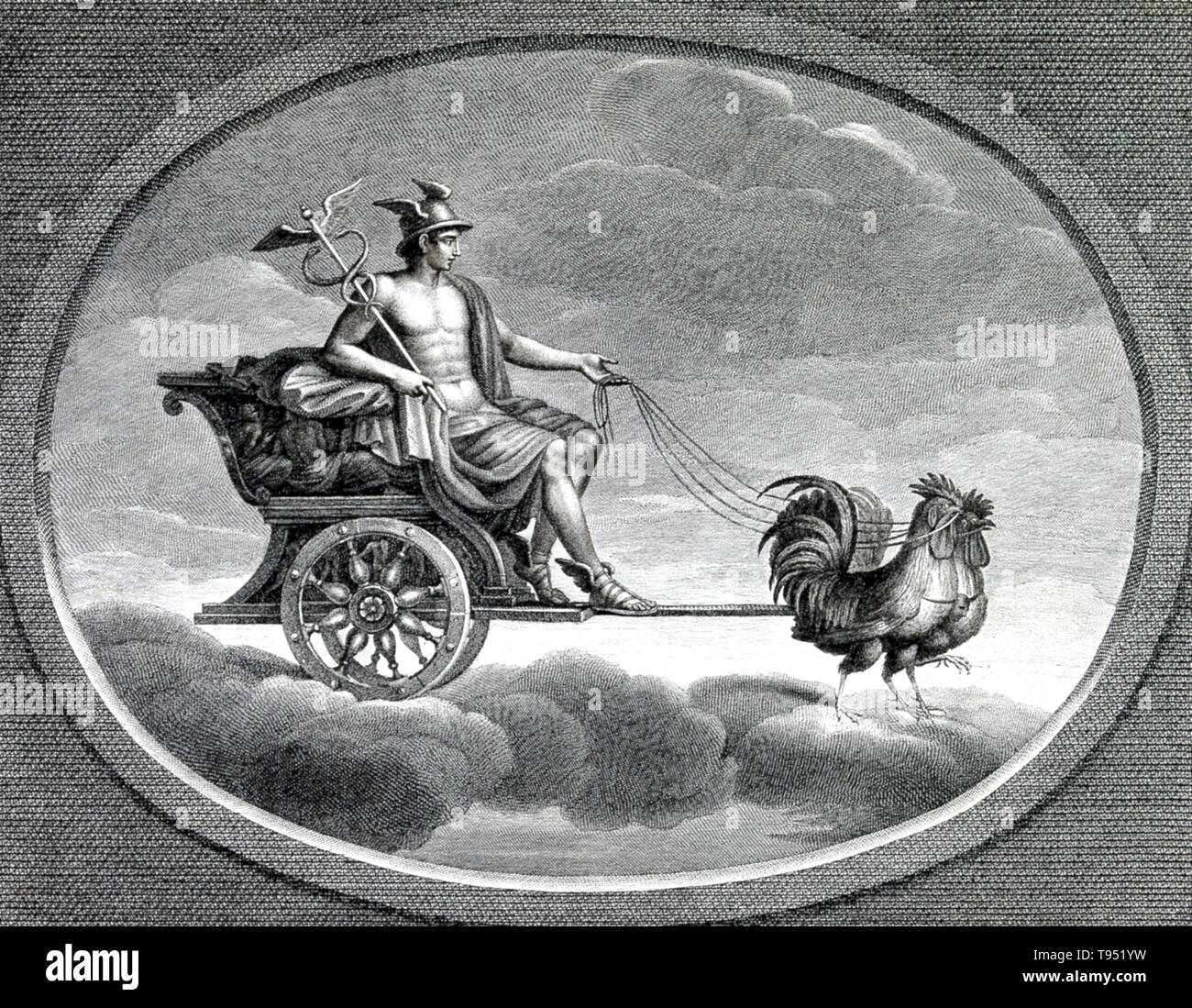 Mercury mit seinen caduceus, in seinem Wagen durch die Hähne gezeichnet. Merkur war ein Bote, die geflügelten Sandalen und ein Gott des Handels, Diebe trug, und Reisen, der Sohn von Maia Maiestas und Jupiter in der römischen Mythologie. Seine Merkmale und Mythologie wurden von den analogen Griechischen Gott Hermes ausgeliehen. Merkur hat die Namen der vielen Dinge, die in einer Vielzahl von wissenschaftlichen Bereichen, wie der Planet Merkur beeinflusst, und das Element Quecksilber. Stockfoto