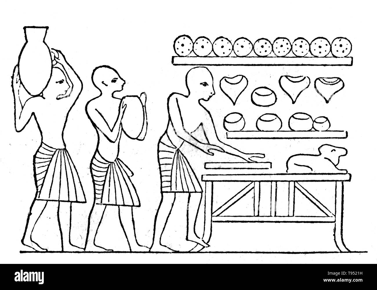 Die Küche des Alten Ägypten deckt einen Zeitraum von über drei tausend Jahre, aber immer noch bleiben viele konsistente Züge bis weit in der griechisch-römischen Zeit. Die Heftklammern von armen und reichen Ägypter wurden Brot und Bier, oft durch Grün - bhudda Zwiebeln, andere Gemüse und, in geringerem Maße, Fleisch, Wild und Fisch. Essen könnte, Dünsten, Backen, Kochen, Grillen, Braten oder Braten vorbereitet werden. Stockfoto