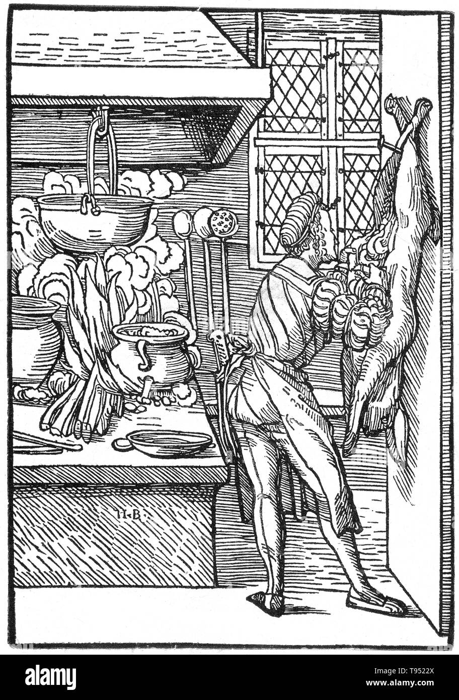 In den meisten mittelalterlichen Haushalten, Kochen auf offenem Feuer in der Mitte des wichtigsten Wohnbereich, effiziente Nutzung der Wärme zu machen. Dies war die häufigste Anordnung, auch in wohlhabenden Haushalten, wo die Küche mit Speisesaal kombiniert wurde. Nach dem späten Mittelalter einen separaten Küchenbereich begann sich zu entwickeln. Stockfoto