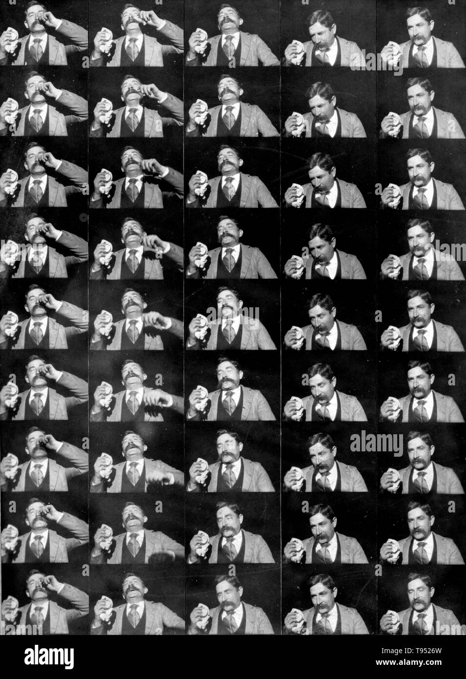 Titel: 'Fred Ott's Niesen' besteht aus einer Reihe von 45 Frames für einen Film, das einen Mann zeigt, Fred Ott, Niesen. Diese fotografische Drucken auf Karton montiert ist das früheste erhaltene 'Motion Picture' für das Urheberrecht an der Bibliothek des Kongresses, am 9. Januar 1894 erhielt registriert. Umgangssprachlich 'Fred Ott's Niesen" für den Stern (eine Edison Ingenieur), das Foto stellt die Morgendämmerung des Filmemachens in Amerika zwar etwas von einer historischen Unfall. Stockfoto Titel: 'Fred Ott's Niesen' besteht aus einer Reihe von 45 Frames für einen Film, das einen Mann zeigt, Fred Ott, Niesen. Diese fotografische Drucken auf Karton montiert ist das früheste erhaltene 'Motion Picture' für das Urheberrecht an der Bibliothek des Kongresses, am 9. Januar 1894 erhielt registriert. Umgangssprachlich 'Fred Ott's Niesen" für den Stern (eine Edison Ingenieur), das Foto stellt die Morgendämmerung des Filmemachens in Amerika zwar etwas von einer historischen Unfall. Stockfoto