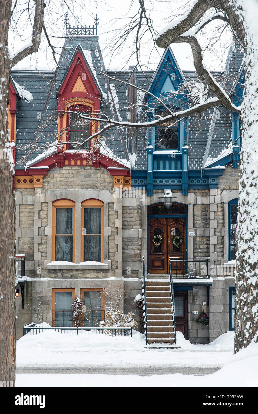 Portraitfoto von bunten Häusern in einer ruhigen Nachbarschaft nach einem Schneesturm. Platz geschossen in der Nähe von Saint-Louis, Plateau Mont-Royal, Montreal, Quebec, Kanada Stockfoto