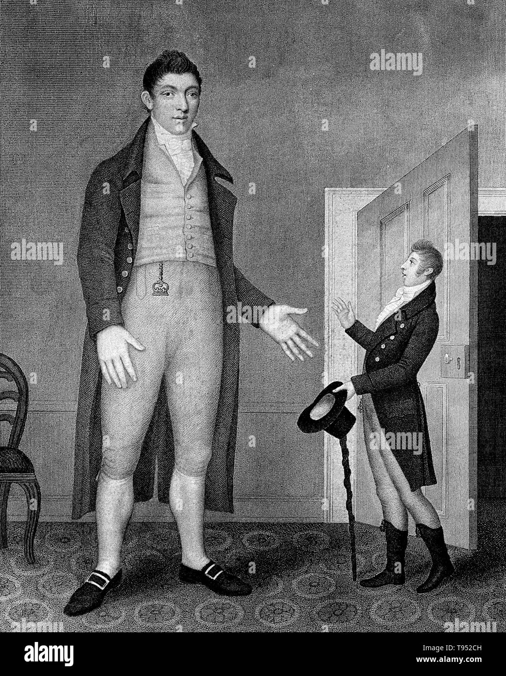 Bradley im Alter von 18 Jahren. Seine Maßnahmen in der Bildunterschrift: Höhe 7 Fuß 8 Zoll, brustumfang 4 Fuß 8 Zoll, Breite der Hand 5,25 Zoll, Fuß Länge 15,5 cm, Gewicht 375 Pfund. William Bradley (Februar 10, 1787 - Mai 30, 1820) ist die höchste aufgezeichnete Britischer Mann, der je gelebt, Messung 7 Fuß 9 Zoll hoch. Er war der vierte Sohn in einer Familie von dreizehn und wog 14 Pfund bei der Geburt. Er reiste mit einer Gruppe von Schausteller unter dem Alias der Yorkshire Riese. Stockfoto