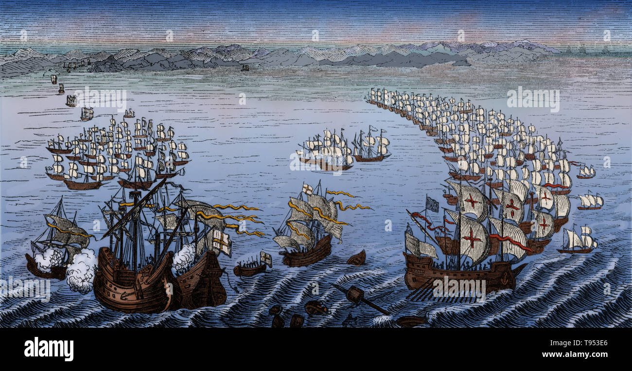 Die spanische Armada wurde die spanische Flotte, die gegen England im Jahre 1588 segelte, in der Absicht, den Sturz Elizabeth I von England und ein Ende zu setzen ihr Engagement in die spanischen Niederlande und in privateering im Atlantik und Pazifik. Die Armada erreicht und außerhalb von Gravelines verankert, aber in Erwartung der Kommunikation von Parma's Army, wurde sie von einer englischen Brand Schiff Angriff angetrieben. In der darauffolgenden Schlacht, die spanische Flotte gezwungen, seine Rendezvous zu verzichten. Stockfoto