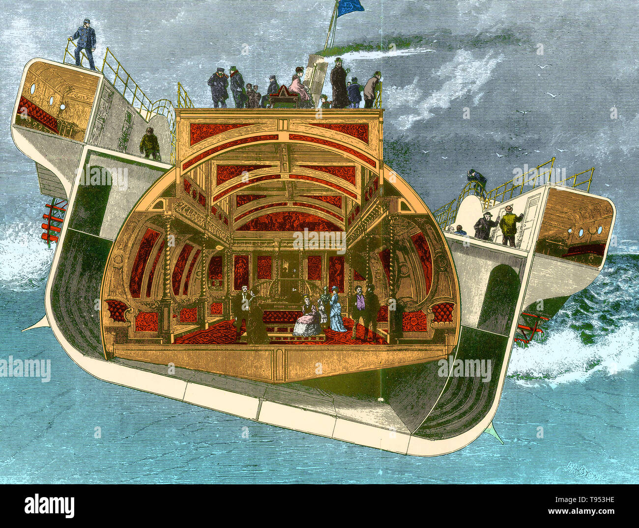 Die SS Bessemer (auch Bessemer Limousine genannt) war eine experimentelle Victorian cross-Channel Passagier Raddampfer mit Swingendem Kabine, ein Konzept, das durch den Ingenieur und Erfinder Henry Bessemer, die Seekrankheit zu bekämpfen. Bessemer, einer schweren Seekrankheit leidend, im Jahr 1868 die Idee, ein Schiff, dessen Innenraum - Limousine - auf kardanringe ausgesetzt wäre und mechanisch horizontal, um die Insassen aus der Bewegung des Schiffes zu isolieren: Eine Idee er patentierte im Dezember 1869 werden erarbeitet. Stockfoto
