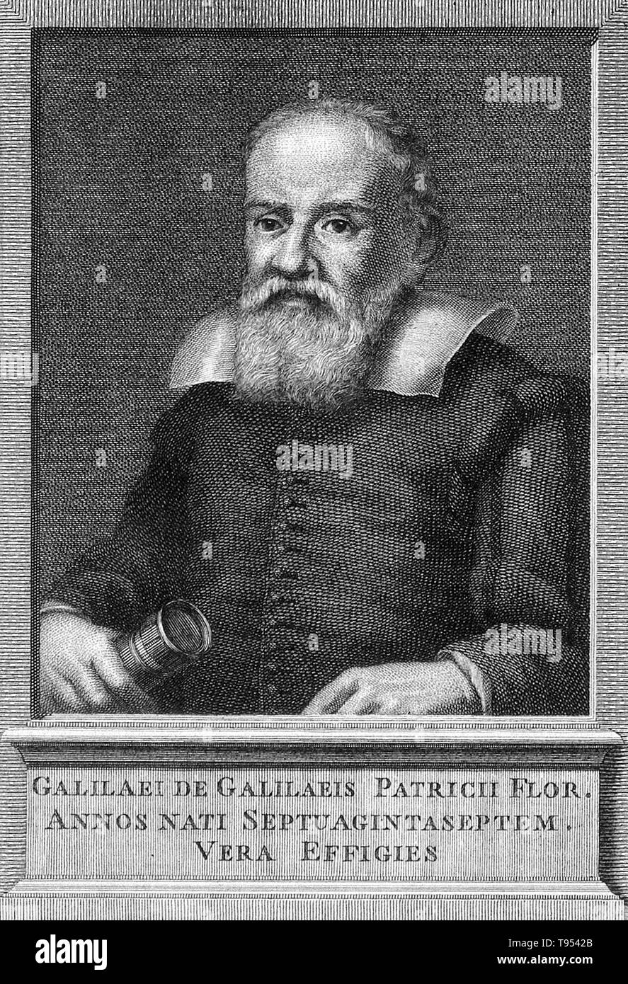 Galileo Galilei (Februar 15, 1564 - 8. Januar 1642) war ein italienischer Physiker, Mathematiker, Astronom und Philosoph, der eine wichtige Rolle in der wissenschaftlichen Revolution spielte. Seine Leistungen gehören Verbesserungen der Teleskop, wichtige astronomische Beobachtungen und Unterstützung für Copernicanism. Er ist der "Vater der modernen Beobachtenden Astronomie', der 'Vater der modernen Physik', der 'Vater der Wissenschaft" und "Vater der modernen Wissenschaft" genannt worden. Stockfoto
