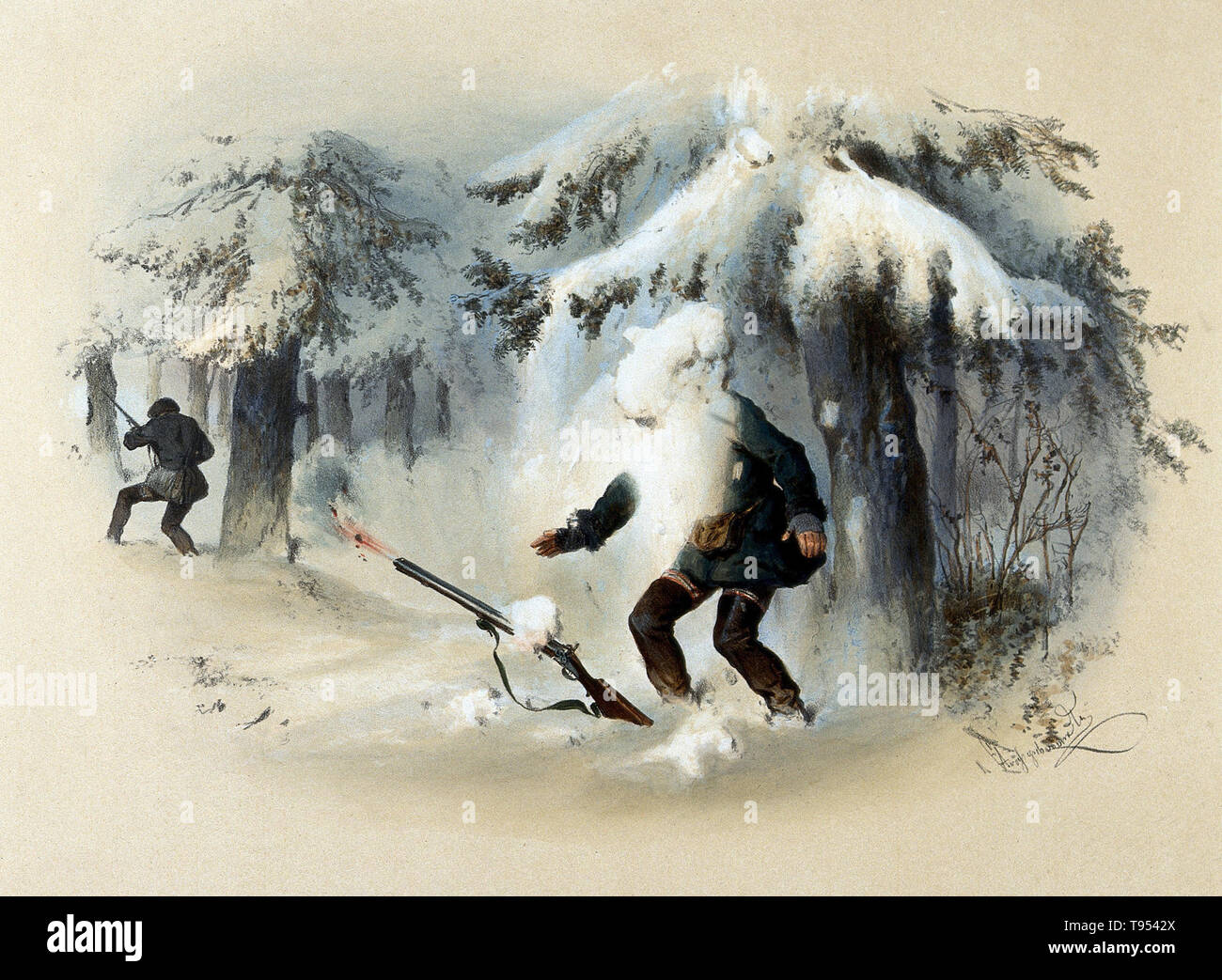 Mit dem Titel: "Ein Jäger durch einen plötzlichen Rückgang von Schnee von einem überhängenden Ast eingehüllt ist, was ihn sein Gewehr, die versehentlich Einleitungen zu fallen." In den USA, 'Season Grüße' und 'Happy Holidays' haben einen gemeinsamen Feiertag geworden Gruß in die öffentliche Sphäre der Kaufhäuser, öffentliche Schulen und Grußkarten. Seine Verwendung ist in der Regel auf den Zeitraum zwischen Thanksgiving und Tag des Neuen Jahres beschränkt. Stockfoto