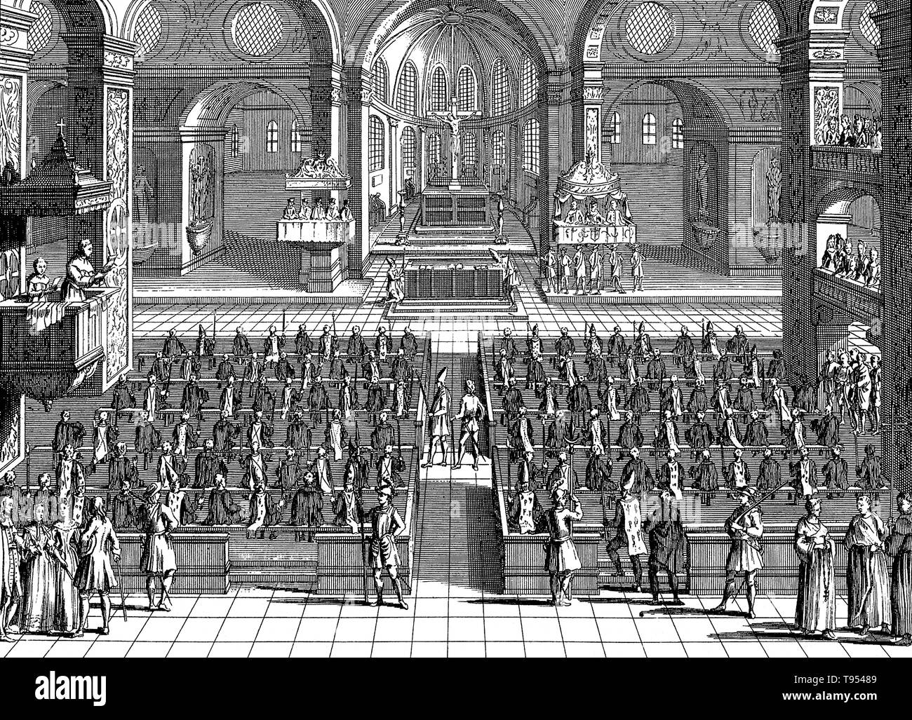 Ein autodafé der spanischen Inquisition in einer Kirche statt. Eine auto-da-fé (Akt des Glaubens) war das Ritual der öffentlichen Buße der verurteilten Ketzer und Abtrünnige, die stattgefunden hat, wenn der Inquisitiors ihre Bestrafung, gefolgt von der Ausführung durch die zivilen Behörden der Urteile entschieden hatten. Die extremsten Strafe verhängt auf jene überführt wurde, Ausführung durch das Brennen. Die spanische Inquisition wurde 1480 durch die Katholischen Könige Ferdinand II. von Aragón und Isabella I. gegründet Stockfoto
