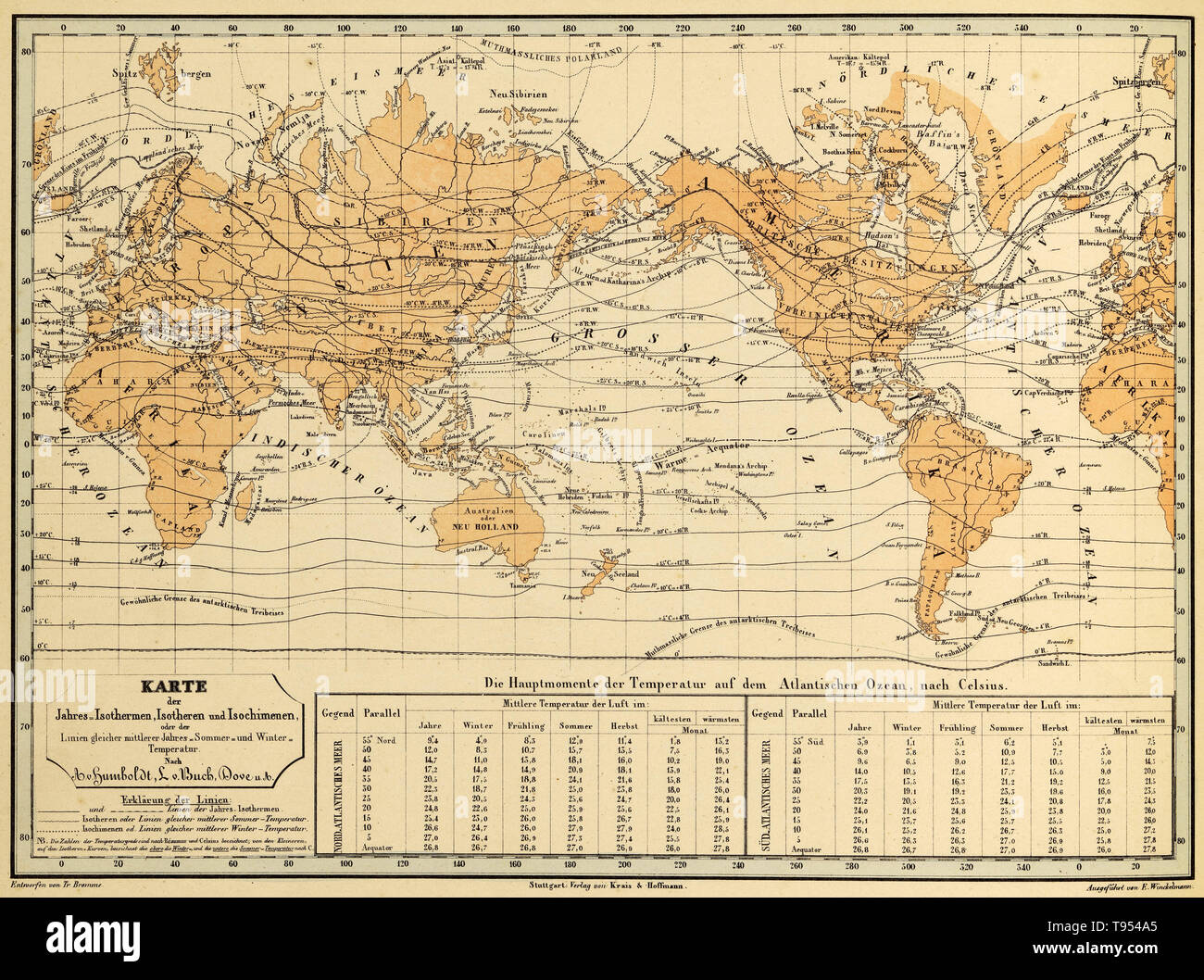 Isothermer Karte der Welt von Alexander von Humboldt's Kosmos. Humboldt (1769-1859), die die Verwendung von Isothermen erfunden, war ein preußischer Geograph, Naturforscher und Entdecker. Seine quantitative Arbeit auf botanische Geographie legte den Grundstein für das Feld der Biogeographie. Zwischen 1799 und 1804, Humboldt reiste in Lateinamerika, untersuchen und beschreiben Sie zum ersten Mal in einer Art und Weise, in der Regel als eine moderne wissenschaftliche Punkt zu sein. Stockfoto