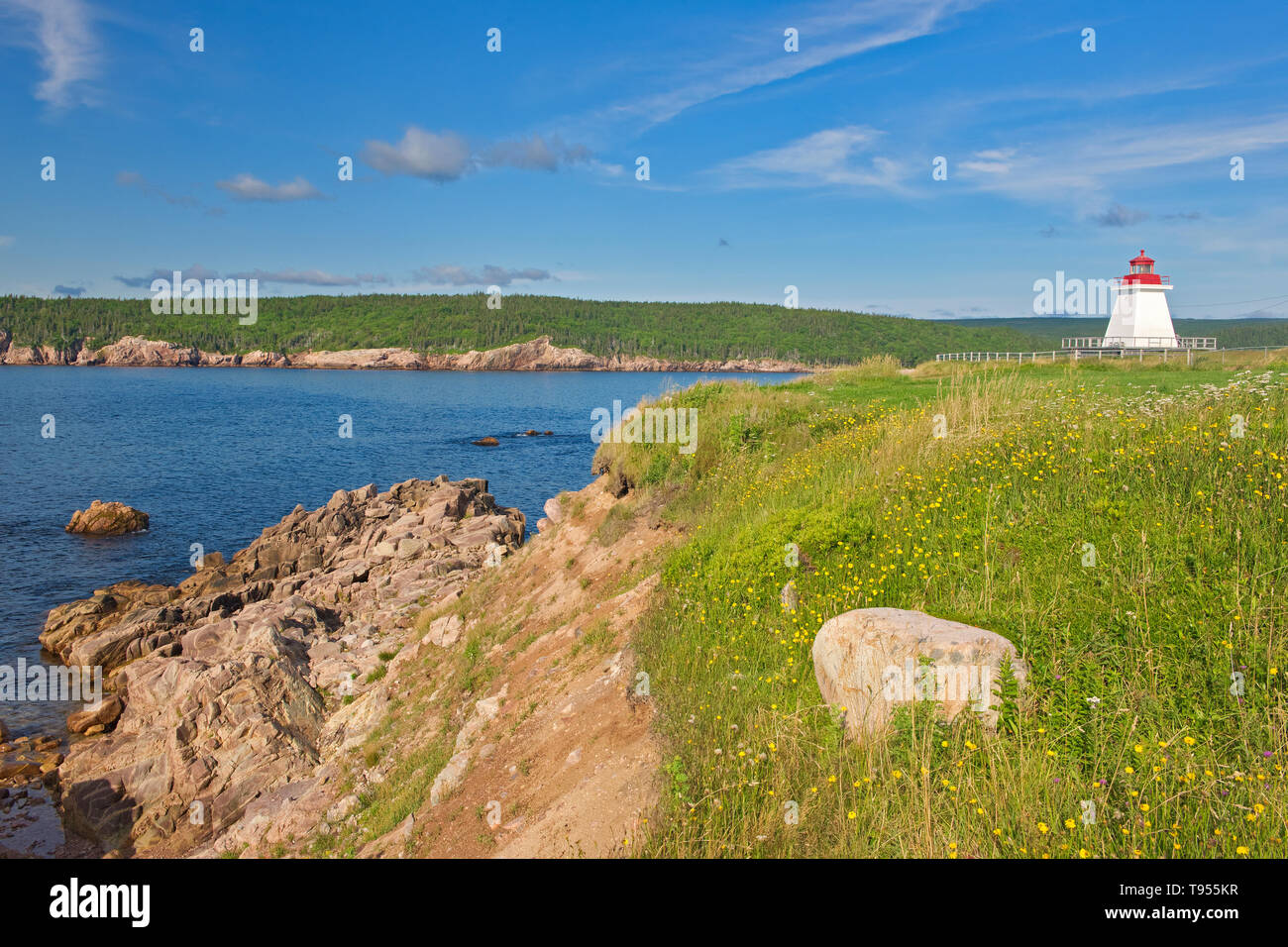 Leuchtturm und felsigen Küste entlang des Cabot Strait. Cabot Trail. Cape Breton Island. Appalachian Bergkette. Neils Hafen Nova Scotia Kanada Stockfoto