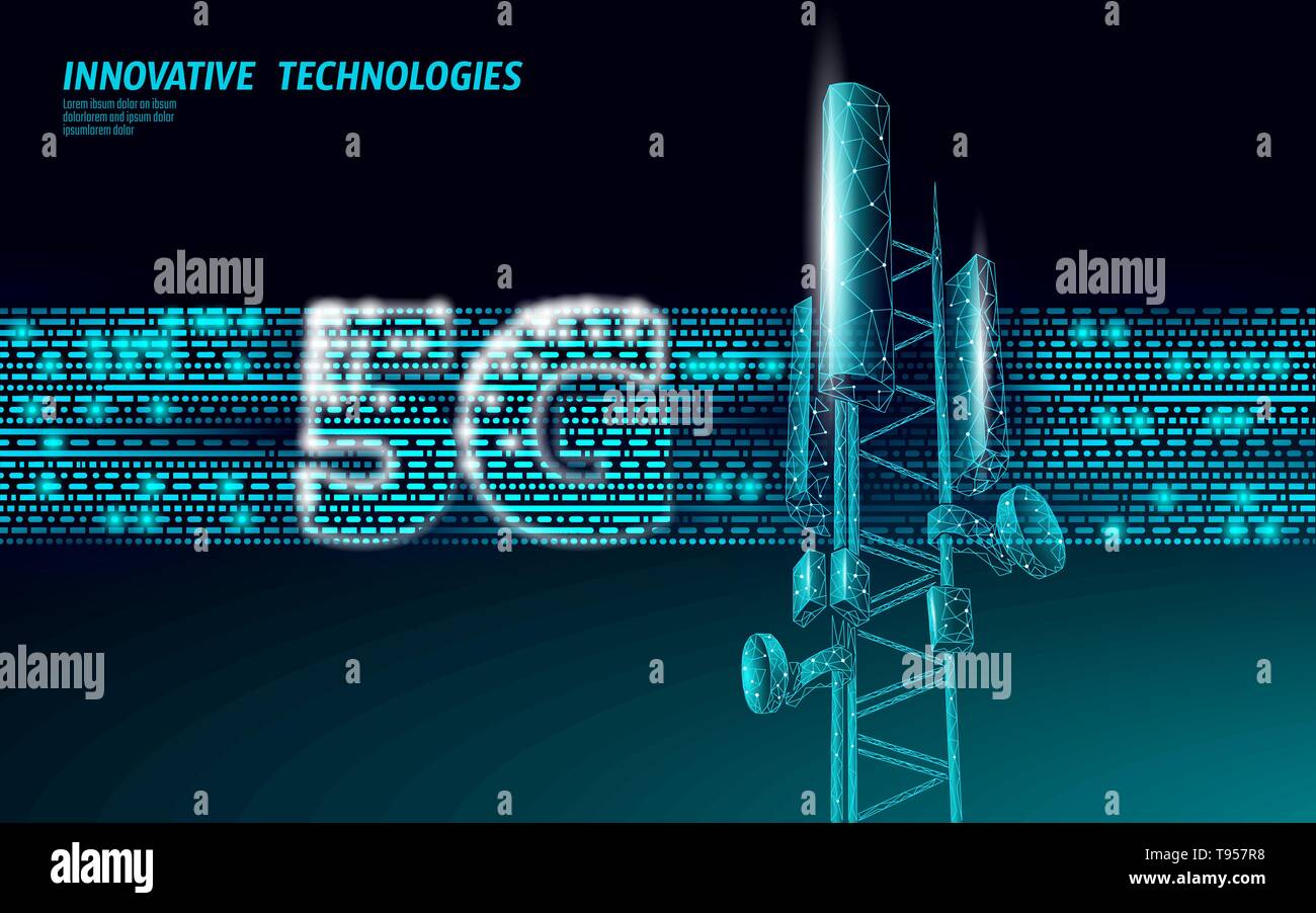 3d-Empfänger der Basisstation. Telecommunication Tower 5 g polygonalen Design global connection Informationen Sender. Die Funkantenne zellulären Vektor Stock Vektor