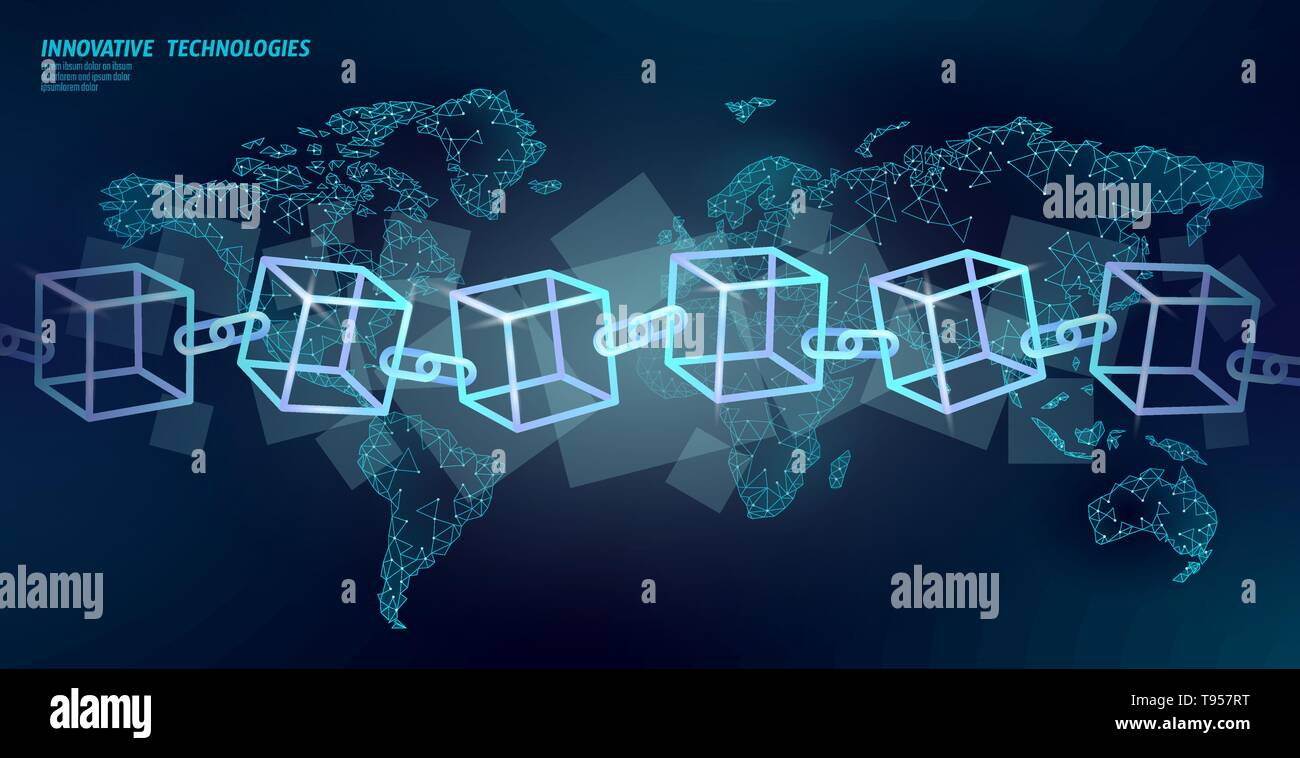 Blockchain Würfel Kette Symbol square Code. Big Data international fließen. Blue neon leuchtenden Planeten Erde Karte. Cryptocurrency Finanzen bitcoin Business Stock Vektor