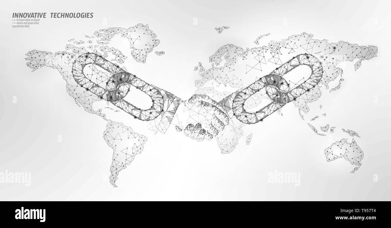 Blockchain Technology Agreement handshake business Konzept Low Poly. Polygonalen Linie geometrischen Design. Hände Kettenglied internet Hyperlink Stock Vektor