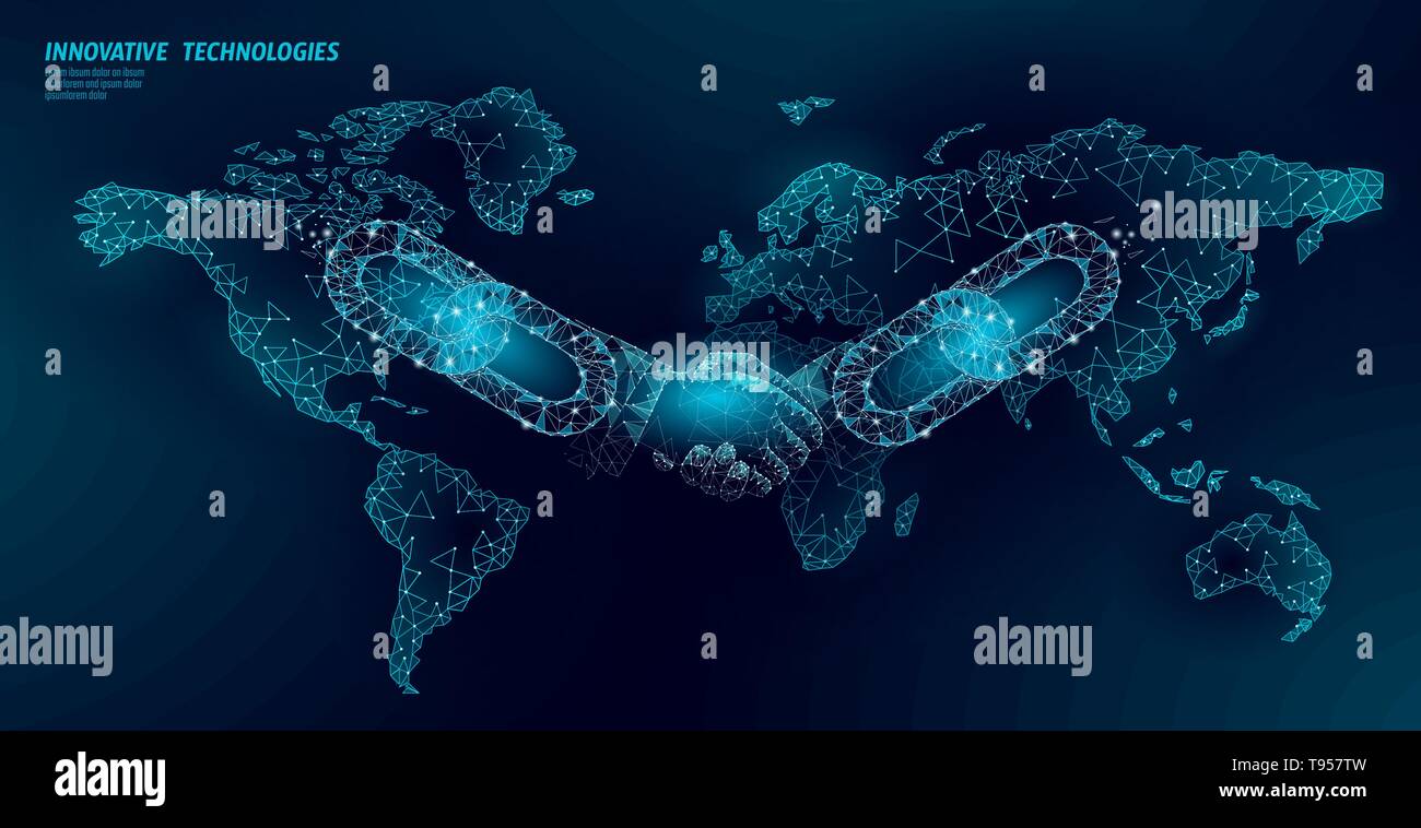 Blockchain Technology Agreement handshake business Konzept Low Poly. Polygonalen Linie geometrischen Design. Hände Kettenglied internet Hyperlink Stock Vektor