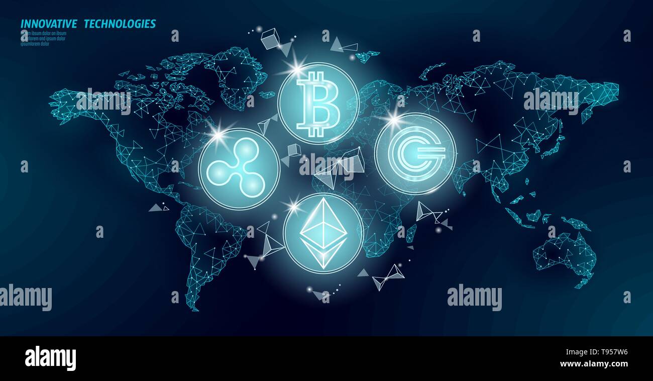 Globale internationale blockchain cryptocurrency. Welt Karte Low Poly moderne Zukunft finance banking Design. Polygonale Dreieck bitcoin astraleums Welligkeit Stock Vektor